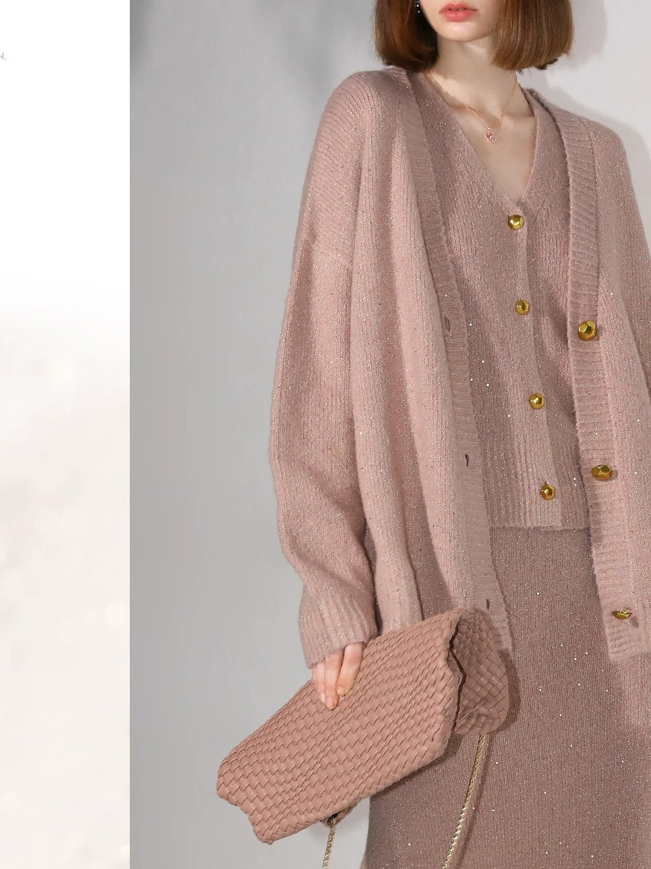 COCOBELLA Soft Plush Sequined Button Loose Fit Sweet V Neck Cardigan Women Knit Sweater