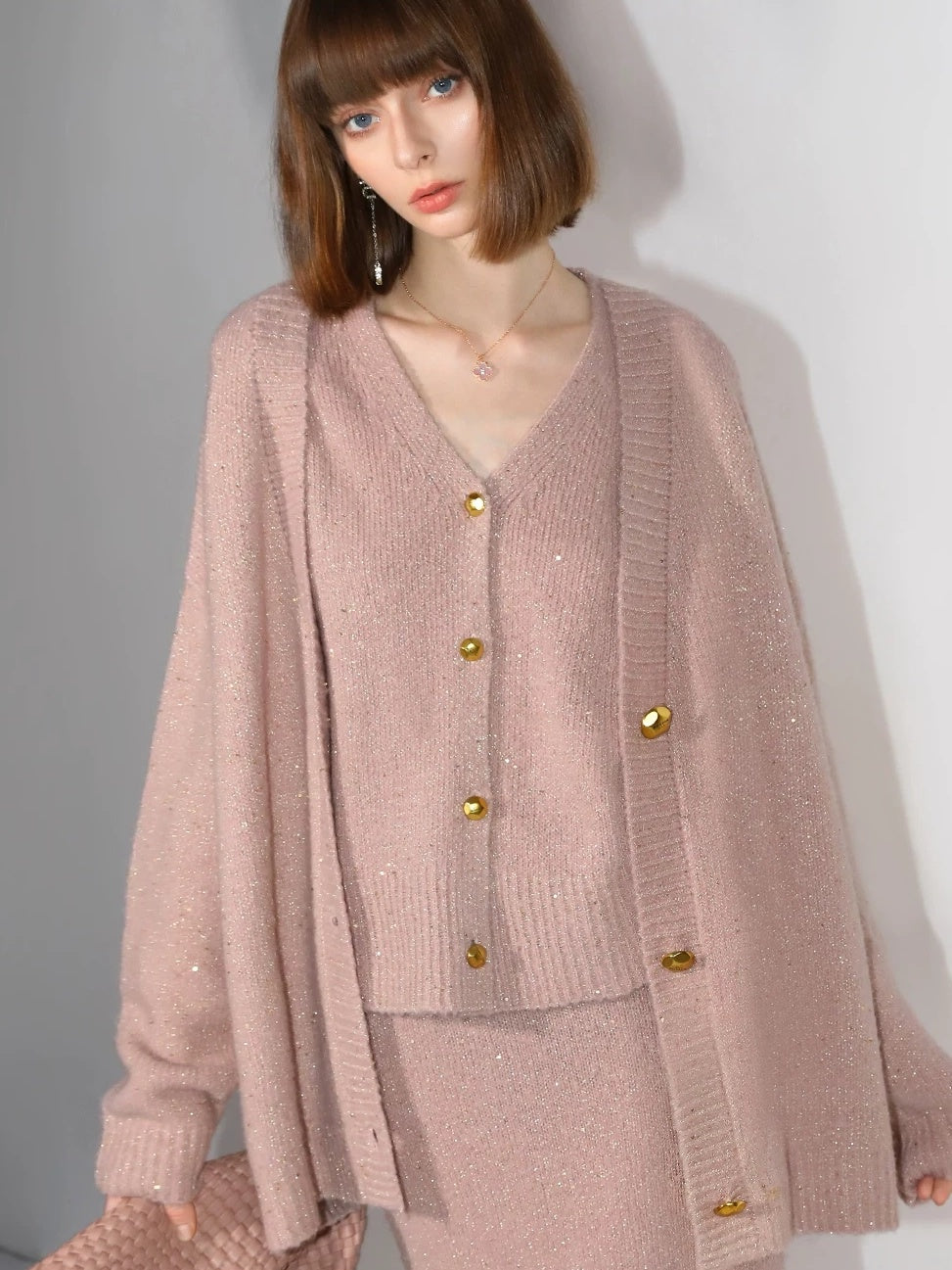 COCOBELLA Soft Plush Sequined Button Loose Fit Sweet V Neck Cardigan Women Knit Sweater