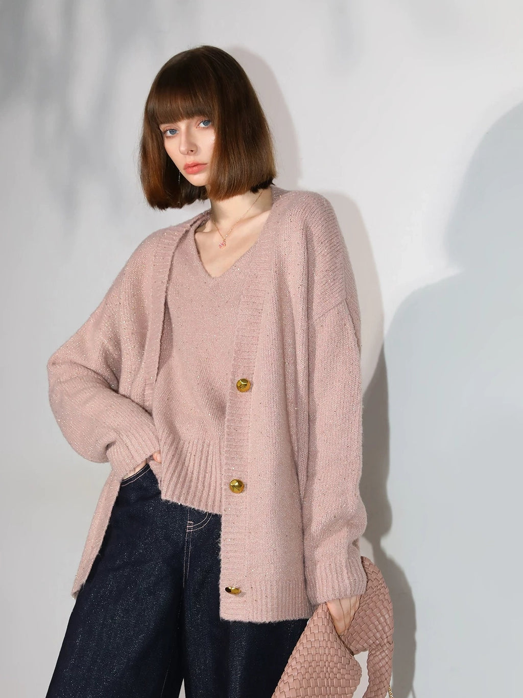 COCOBELLA Soft Plush Sequined Button Loose Fit Sweet V Neck Cardigan Women Knit Sweater