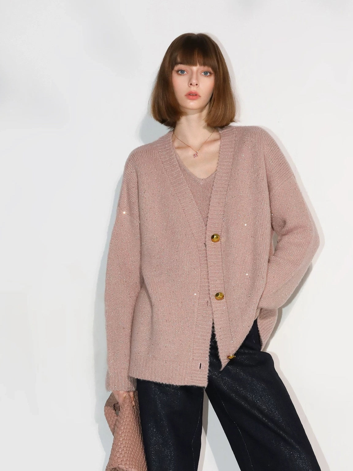 COCOBELLA Soft Plush Sequined Button Loose Fit Sweet V Neck Cardigan Women Knit Sweater