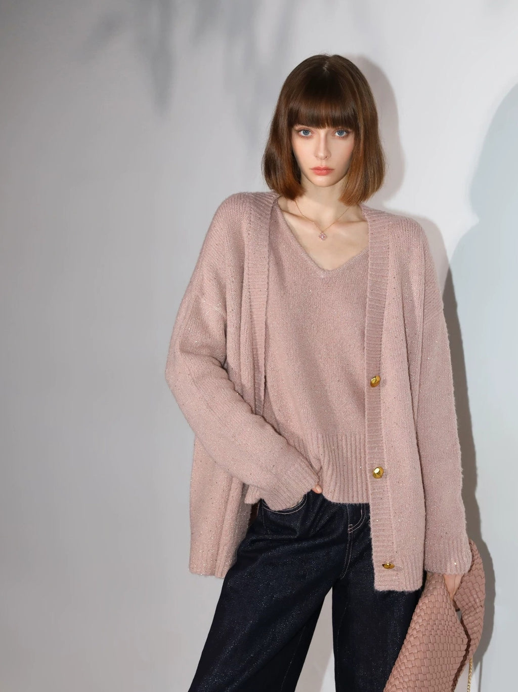 COCOBELLA Soft Plush Sequined Button Loose Fit Sweet V Neck Cardigan Women Knit Sweater