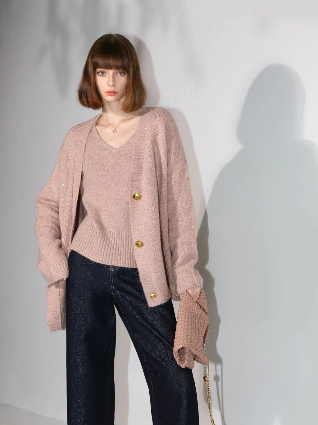 COCOBELLA Soft Plush Sequined Button Loose Fit Sweet V Neck Cardigan Women Knit Sweater