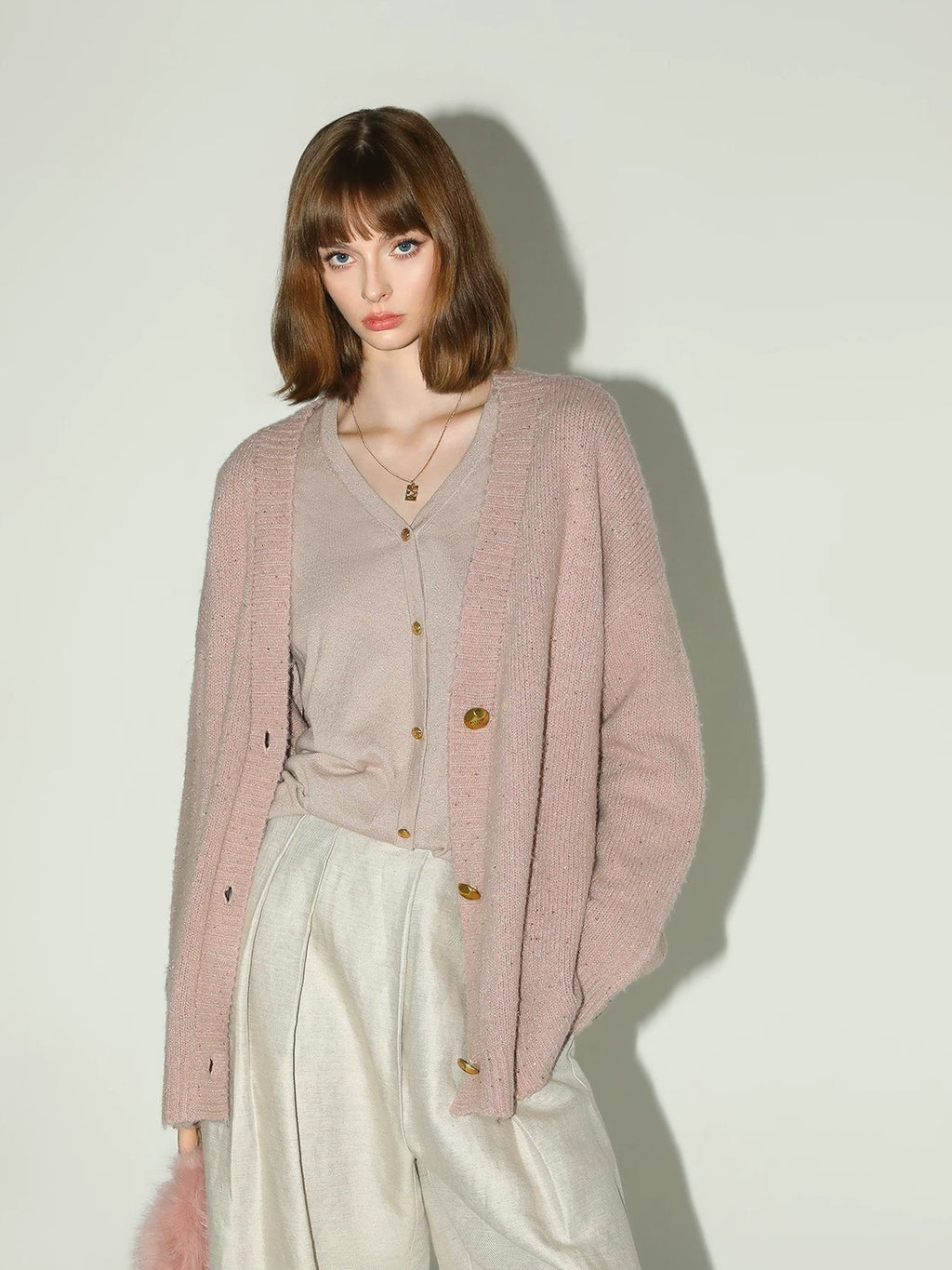 COCOBELLA Soft Plush Sequined Button Loose Fit Sweet V Neck Cardigan Women Knit Sweater