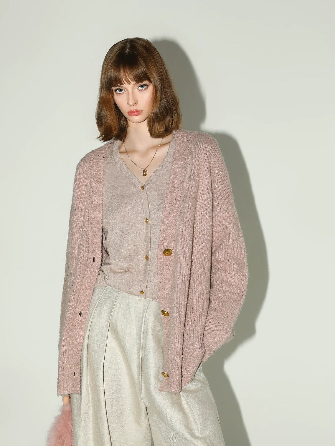 COCOBELLA Soft Plush Sequined Button Loose Fit Sweet V Neck Cardigan Women Knit Sweater