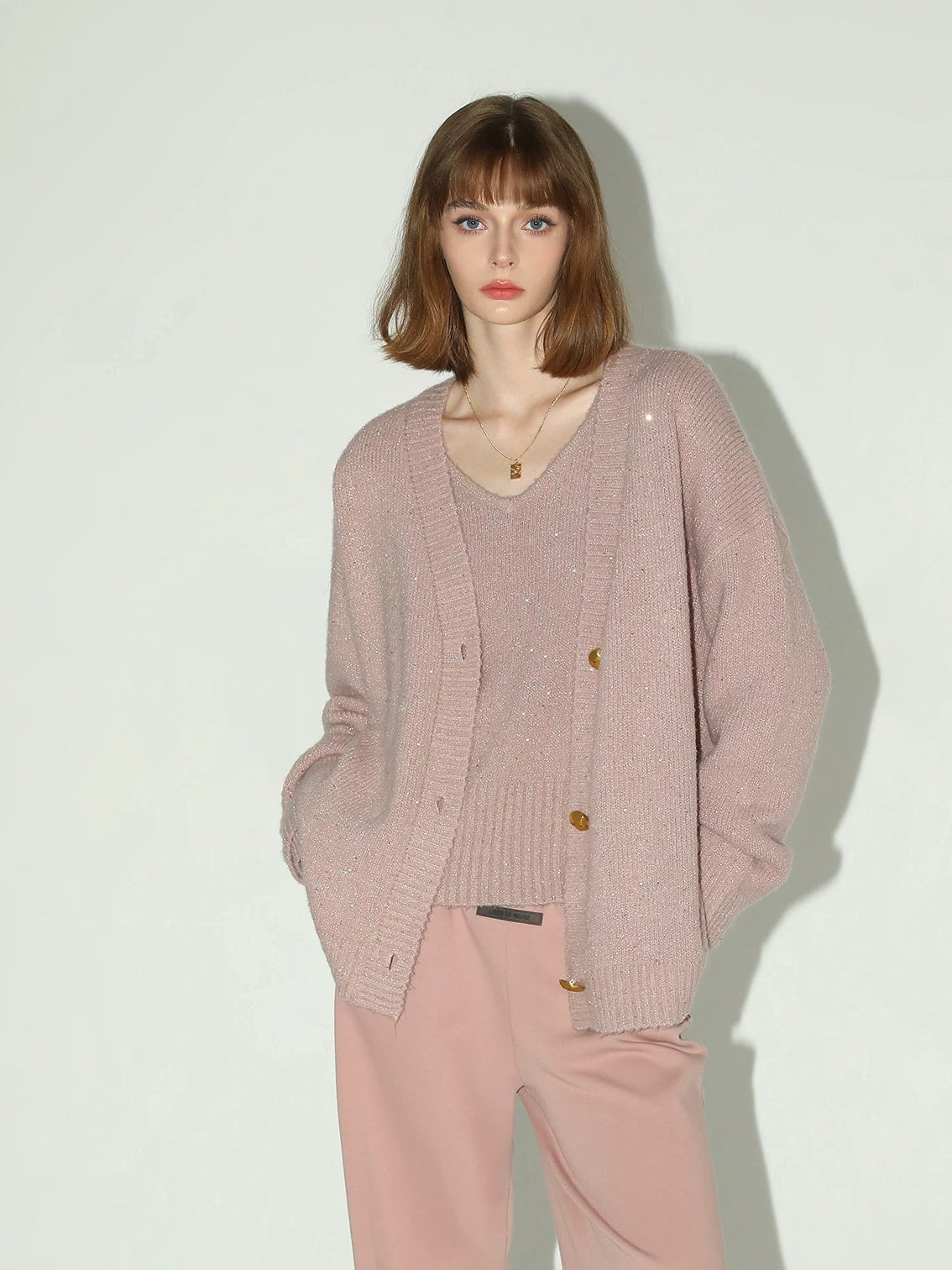 COCOBELLA Soft Plush Sequined Button Loose Fit Sweet V Neck Cardigan Women Knit Sweater