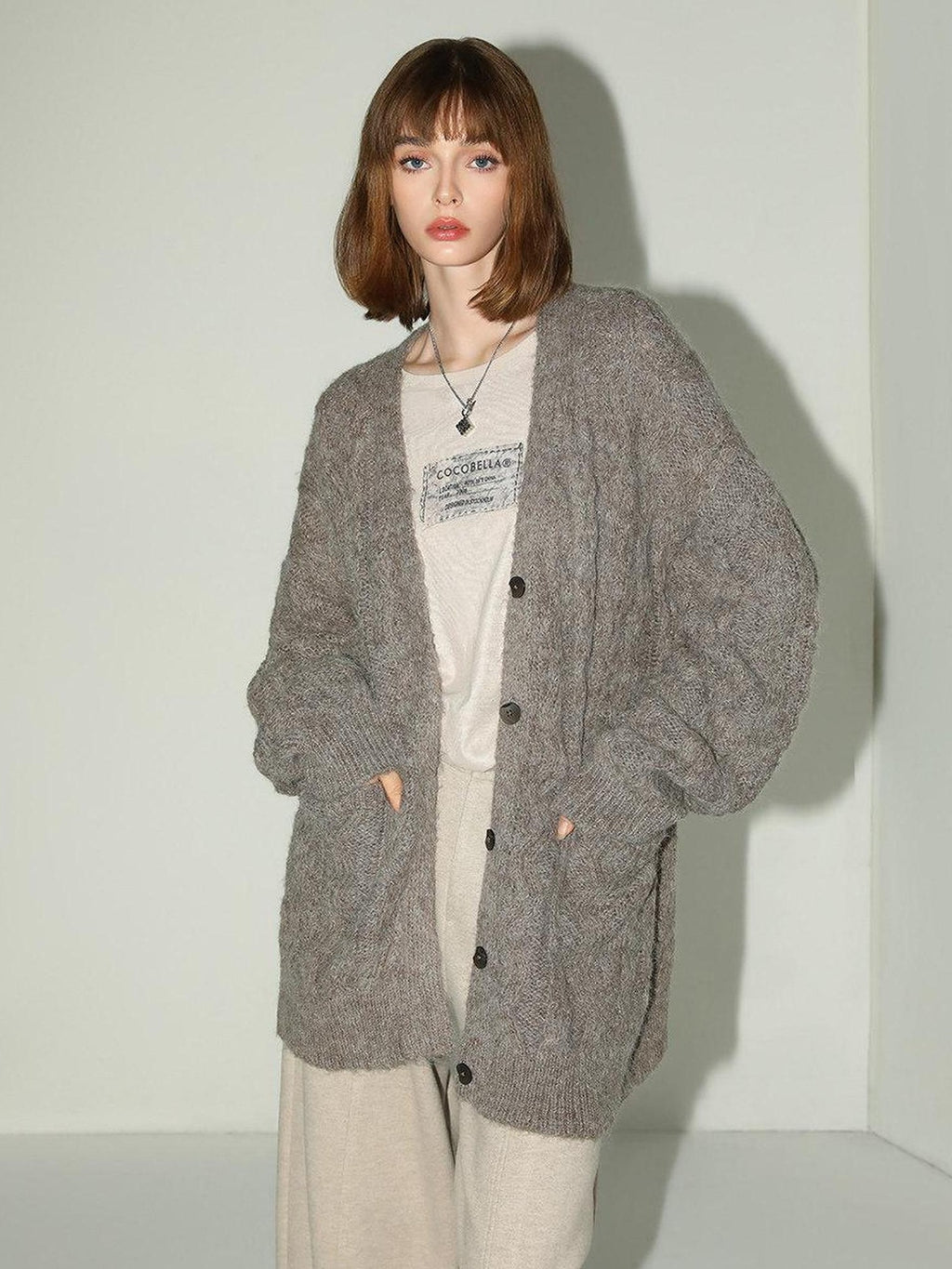 COCOBELLA Soft Relaxed Cable Button Midlength Knit Cardigan Women Acrylic Blend Sweater