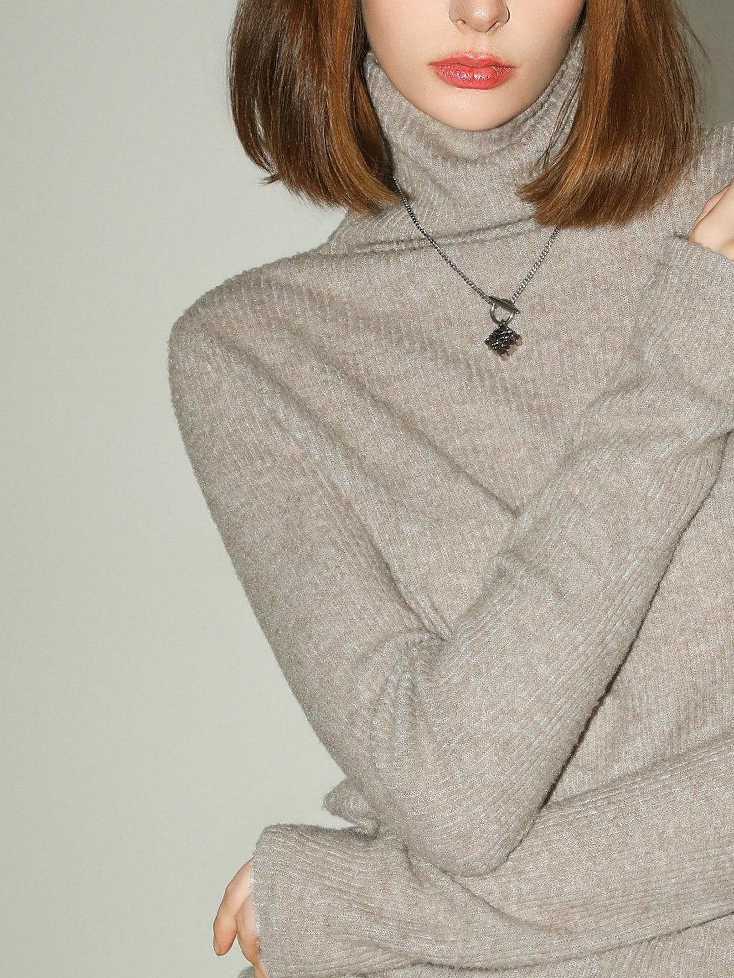 COCOBELLA Soft Ribbed Turtleneck Slim Fit Minimal Commuter Pullover Oatmeal Khaki Sweater