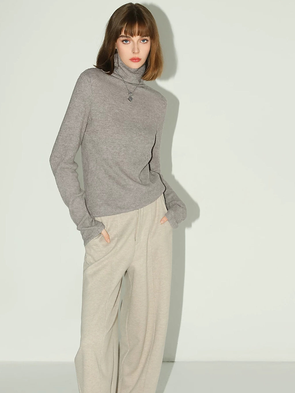 COCOBELLA Soft Ribbed Turtleneck Slim Fit Minimal Commuter Pullover Oatmeal Khaki Sweater