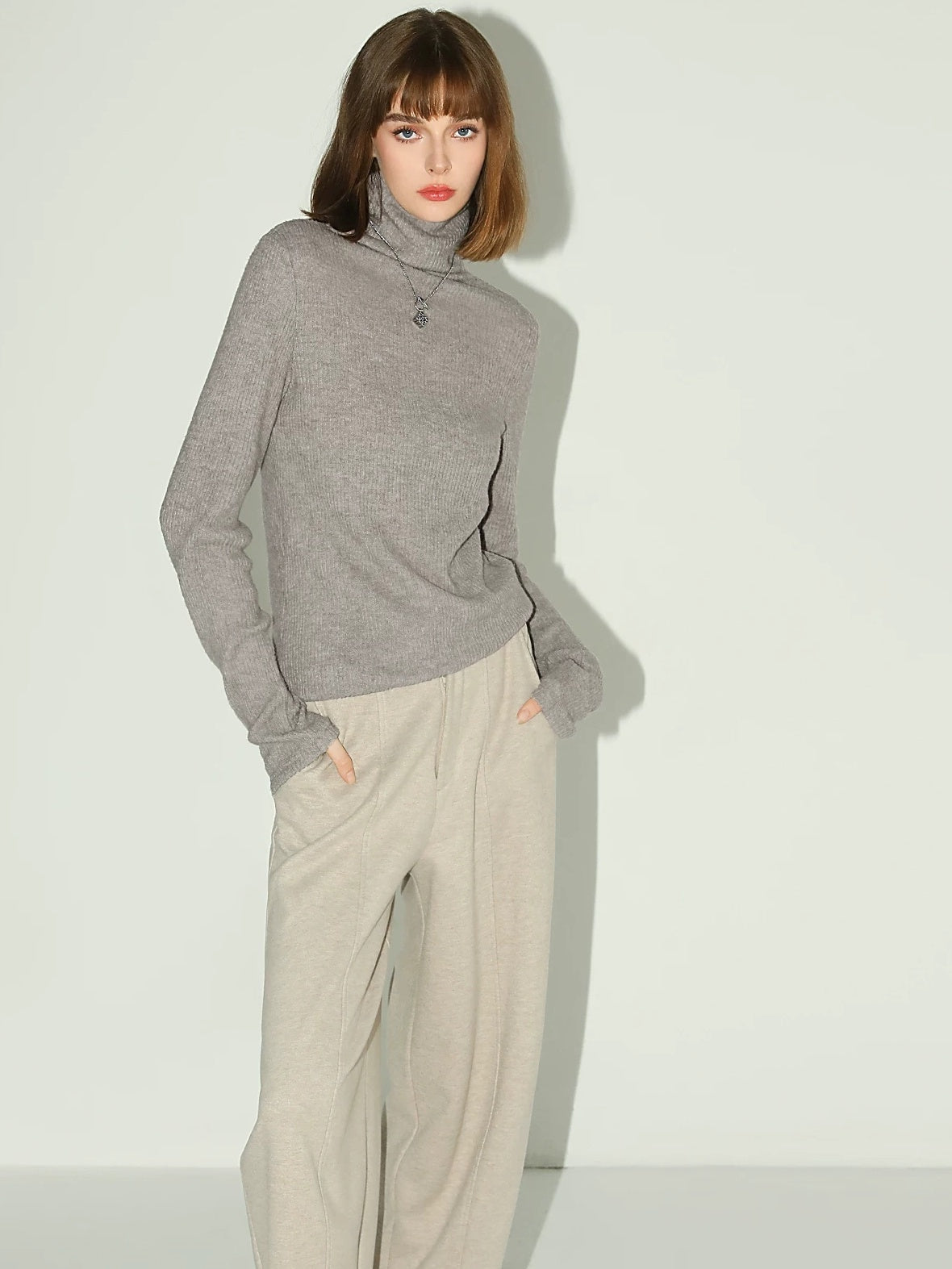 COCOBELLA Soft Ribbed Turtleneck Slim Fit Minimal Commuter Pullover Oatmeal Khaki Sweater