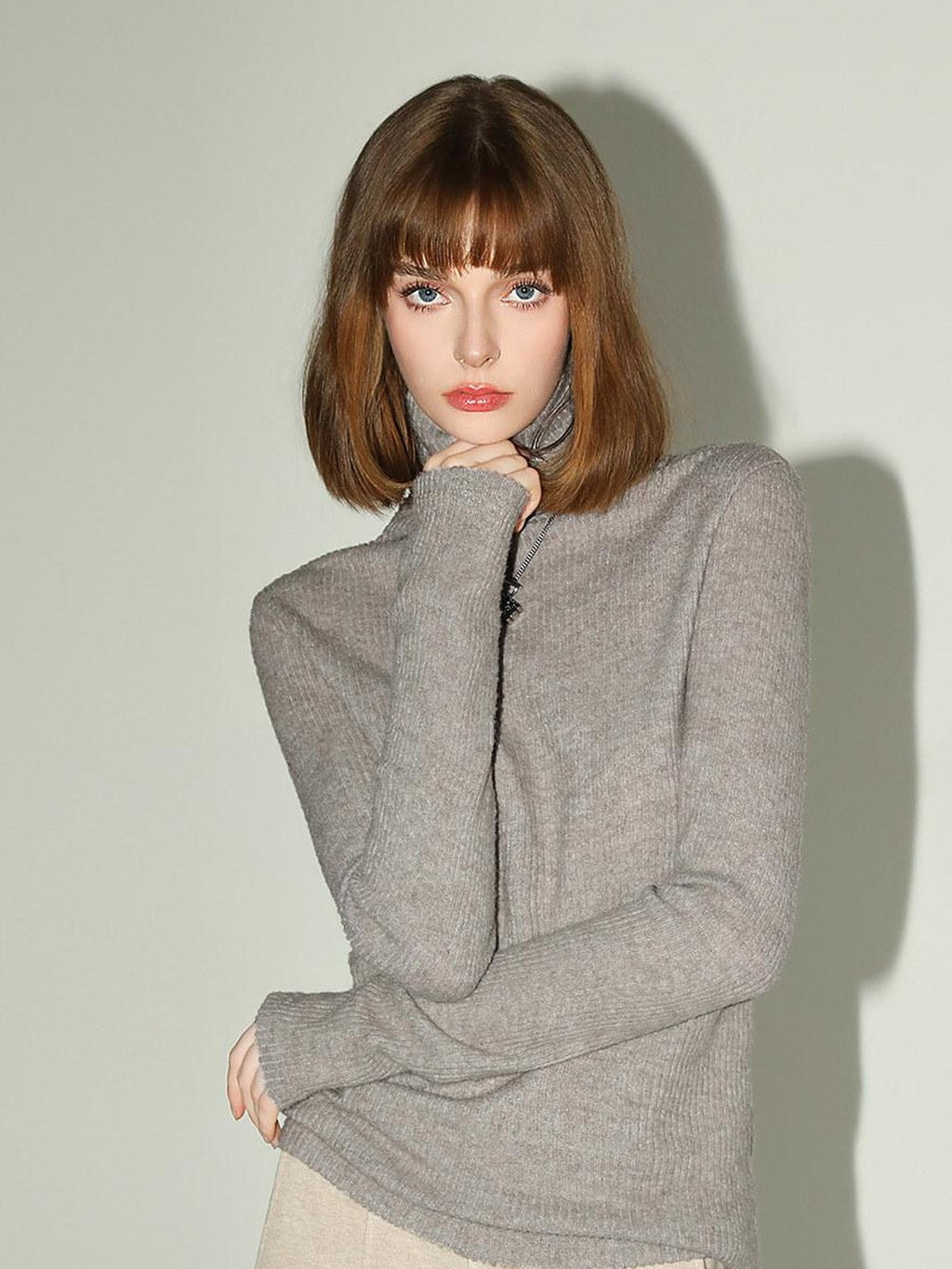 COCOBELLA Soft Ribbed Turtleneck Slim Fit Minimal Commuter Pullover Oatmeal Khaki Sweater