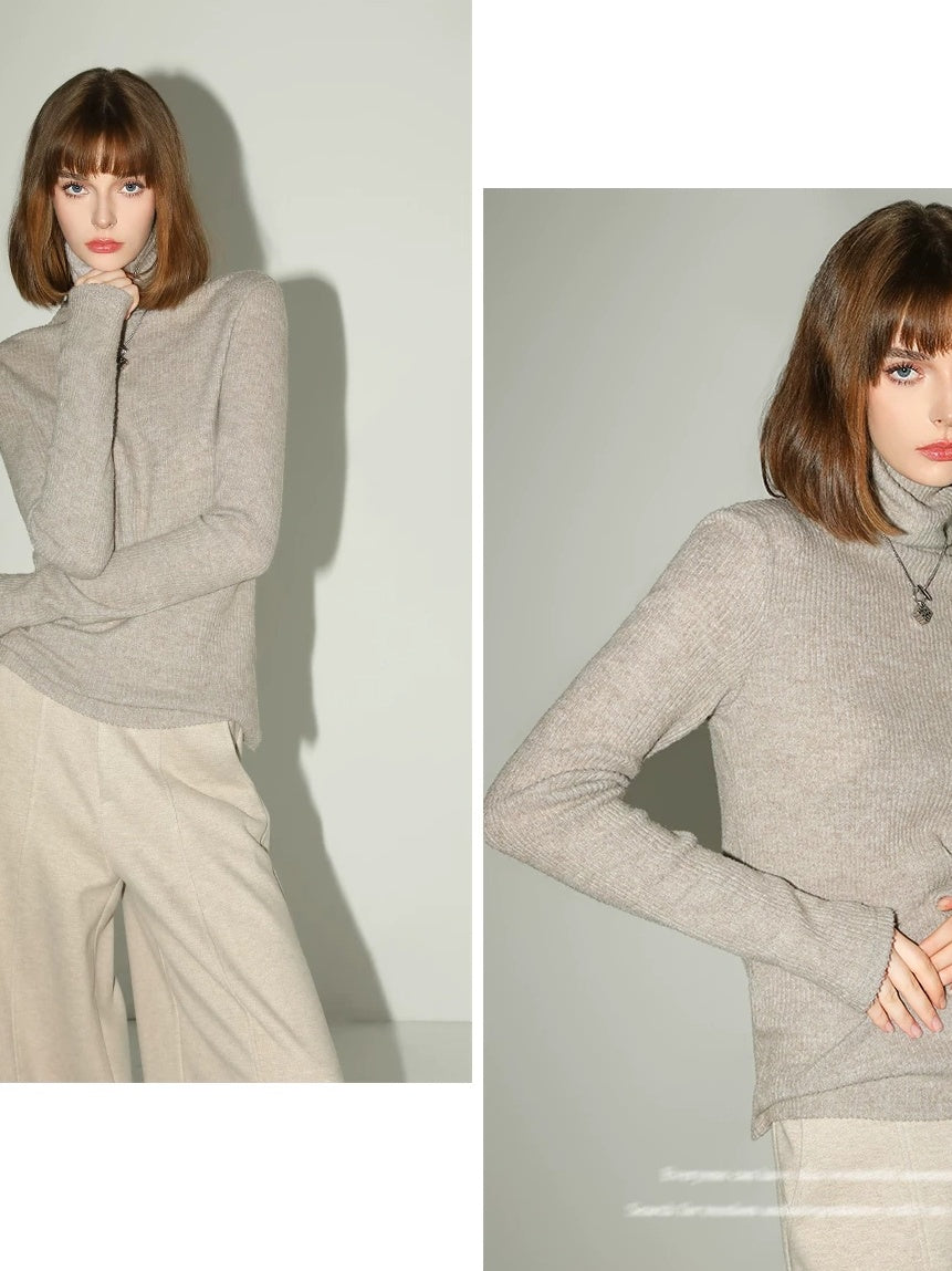 COCOBELLA Soft Ribbed Turtleneck Slim Fit Minimal Commuter Pullover Oatmeal Khaki Sweater
