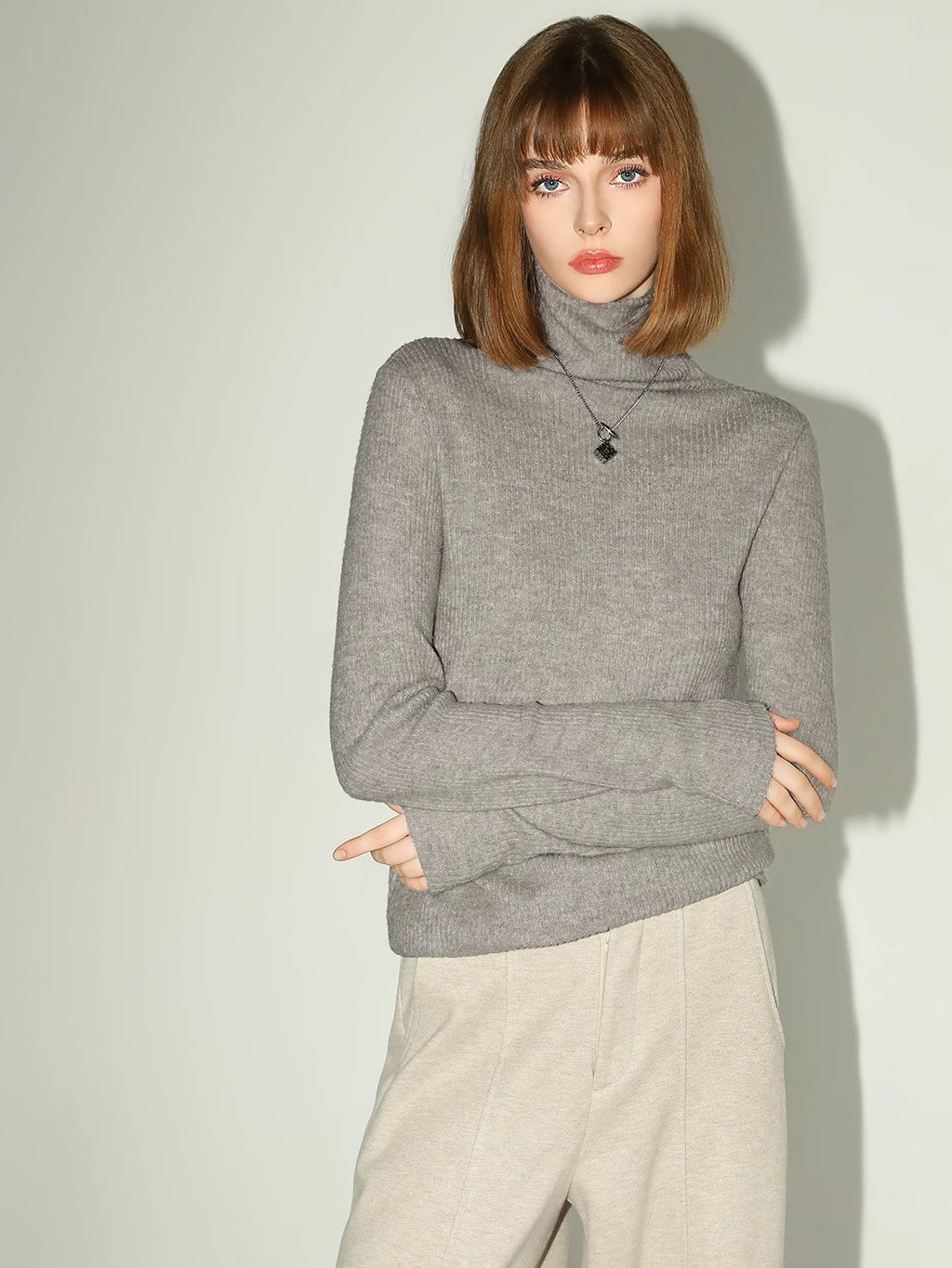 COCOBELLA Soft Ribbed Turtleneck Slim Fit Minimal Commuter Pullover Oatmeal Khaki Sweater