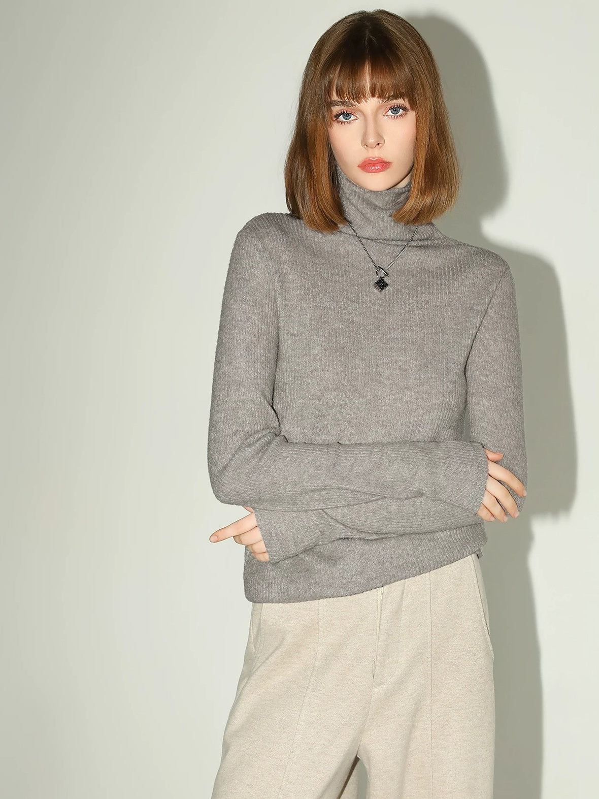 COCOBELLA Soft Ribbed Turtleneck Slim Fit Minimal Commuter Pullover Oatmeal Khaki Sweater