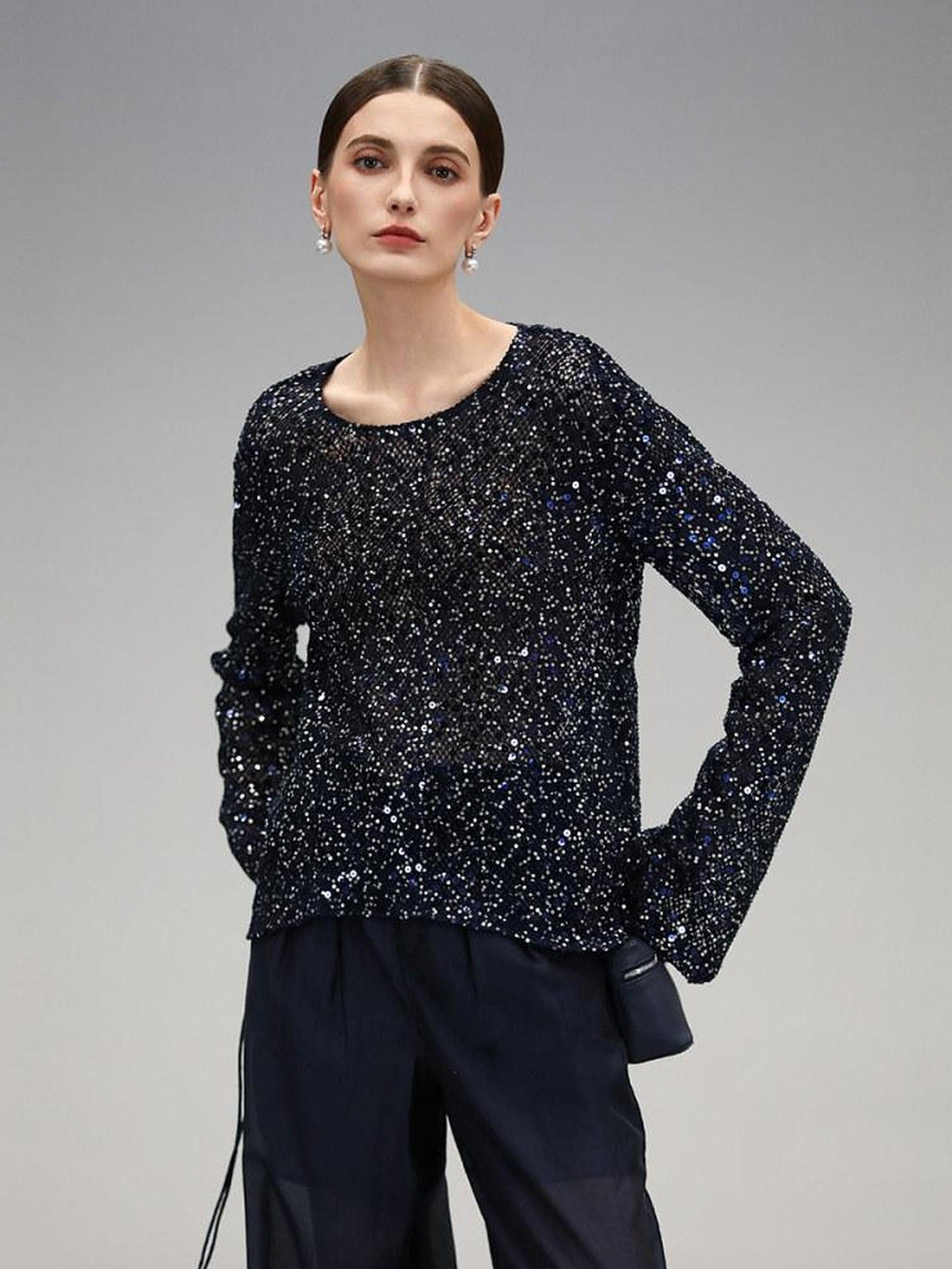 COCOBELLA Soft Sequin Knit Straight Fit Commuter Chic Women Round Neck Pullover Sweater