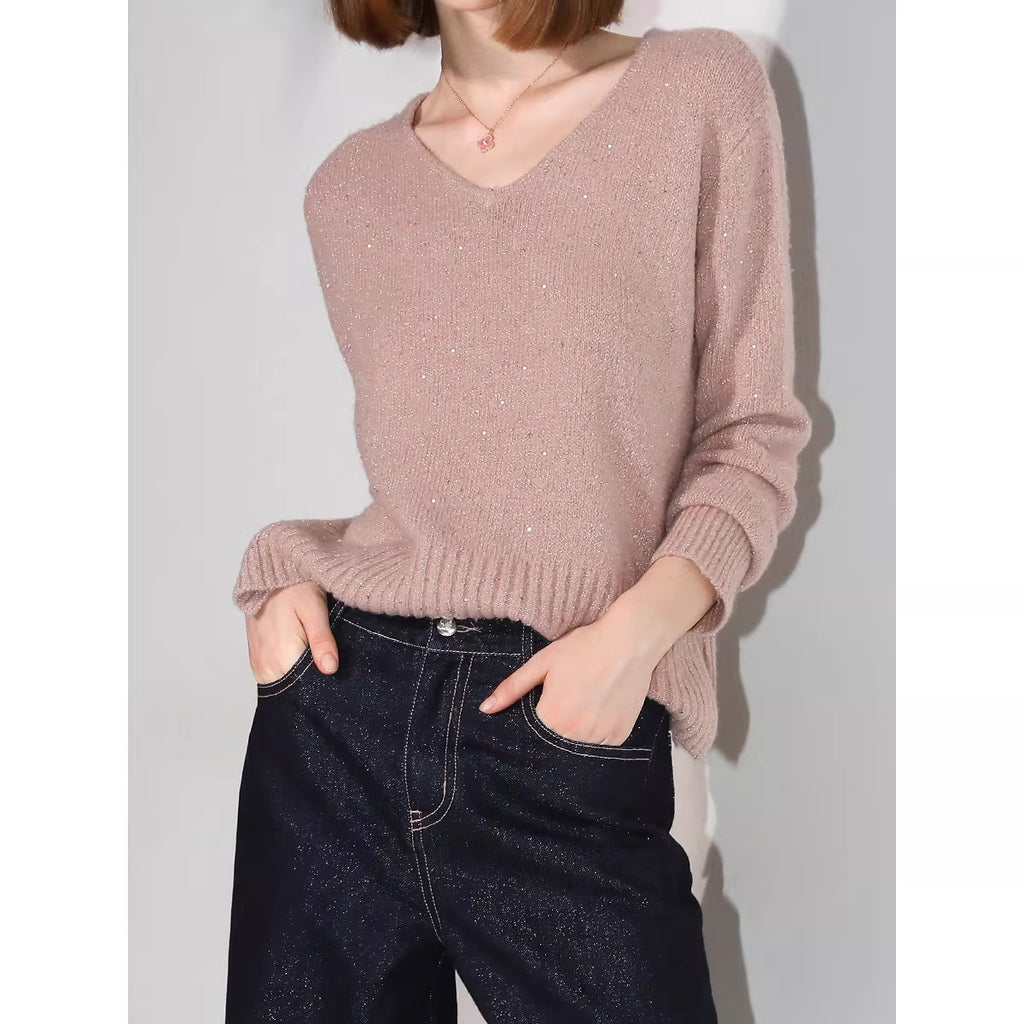 COCOBELLA_Soft_Sequin_Lurex_Straight_Fit_V_Neck_Pullover_Women_Knit_Sweater_MISSTT