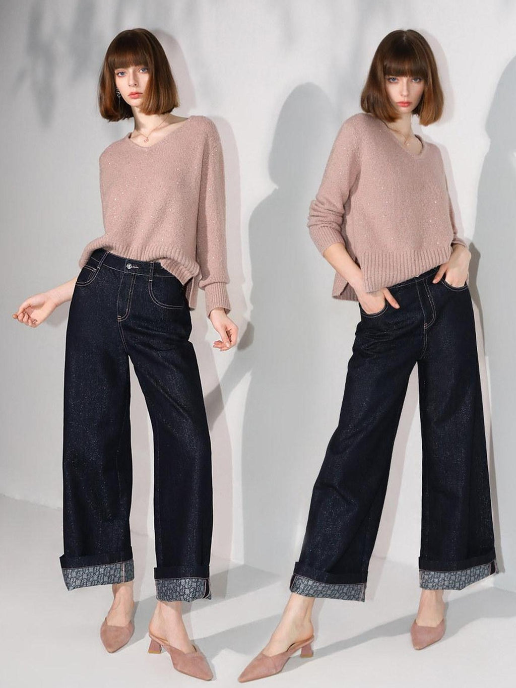 COCOBELLA Soft Sequin Lurex Straight Fit V Neck Pullover Women Knit Sweater