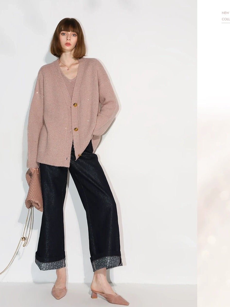 COCOBELLA Soft Sequin Lurex Straight Fit V Neck Pullover Women Knit Sweater