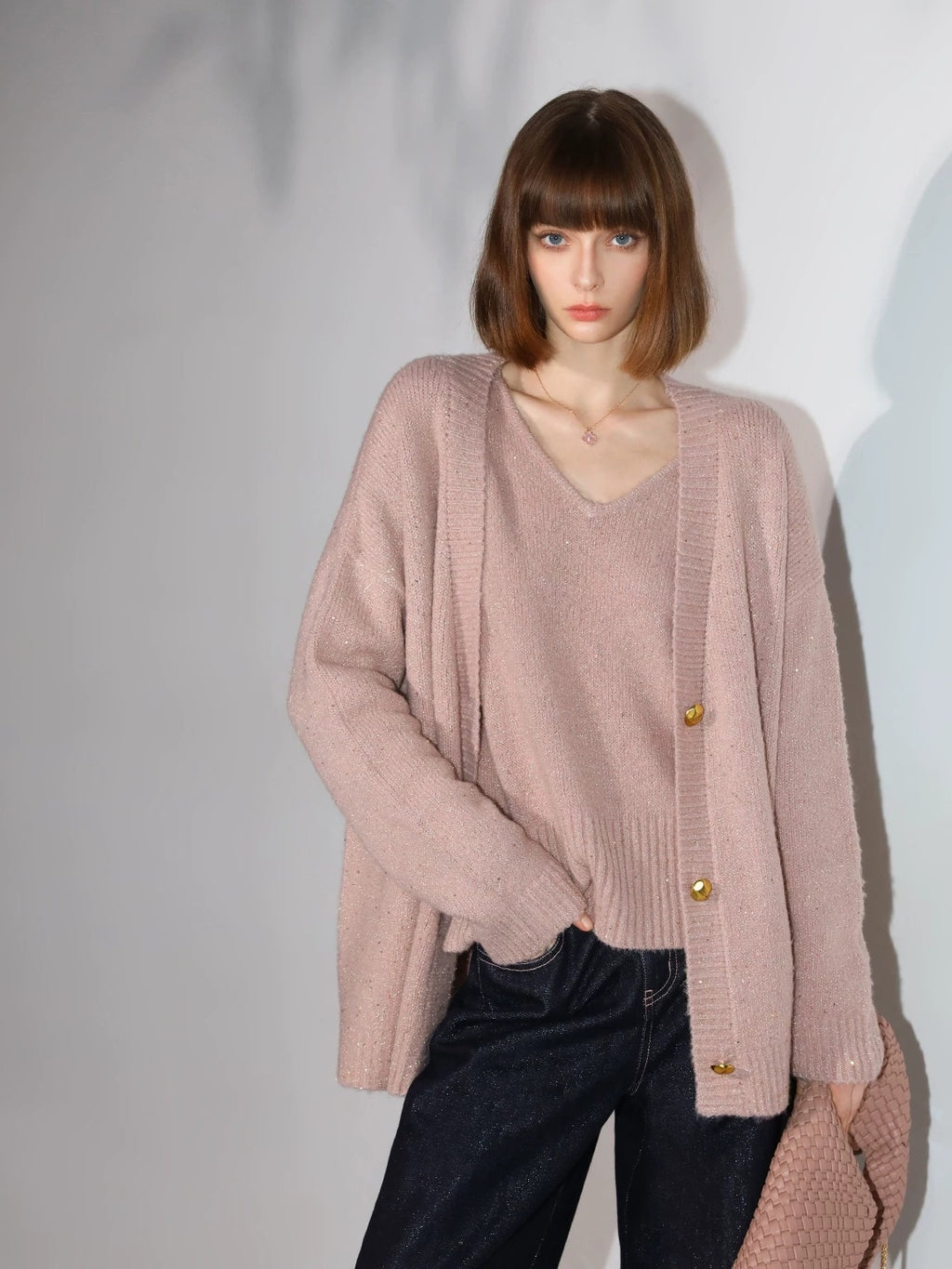 COCOBELLA Soft Sequin Lurex Straight Fit V Neck Pullover Women Knit Sweater