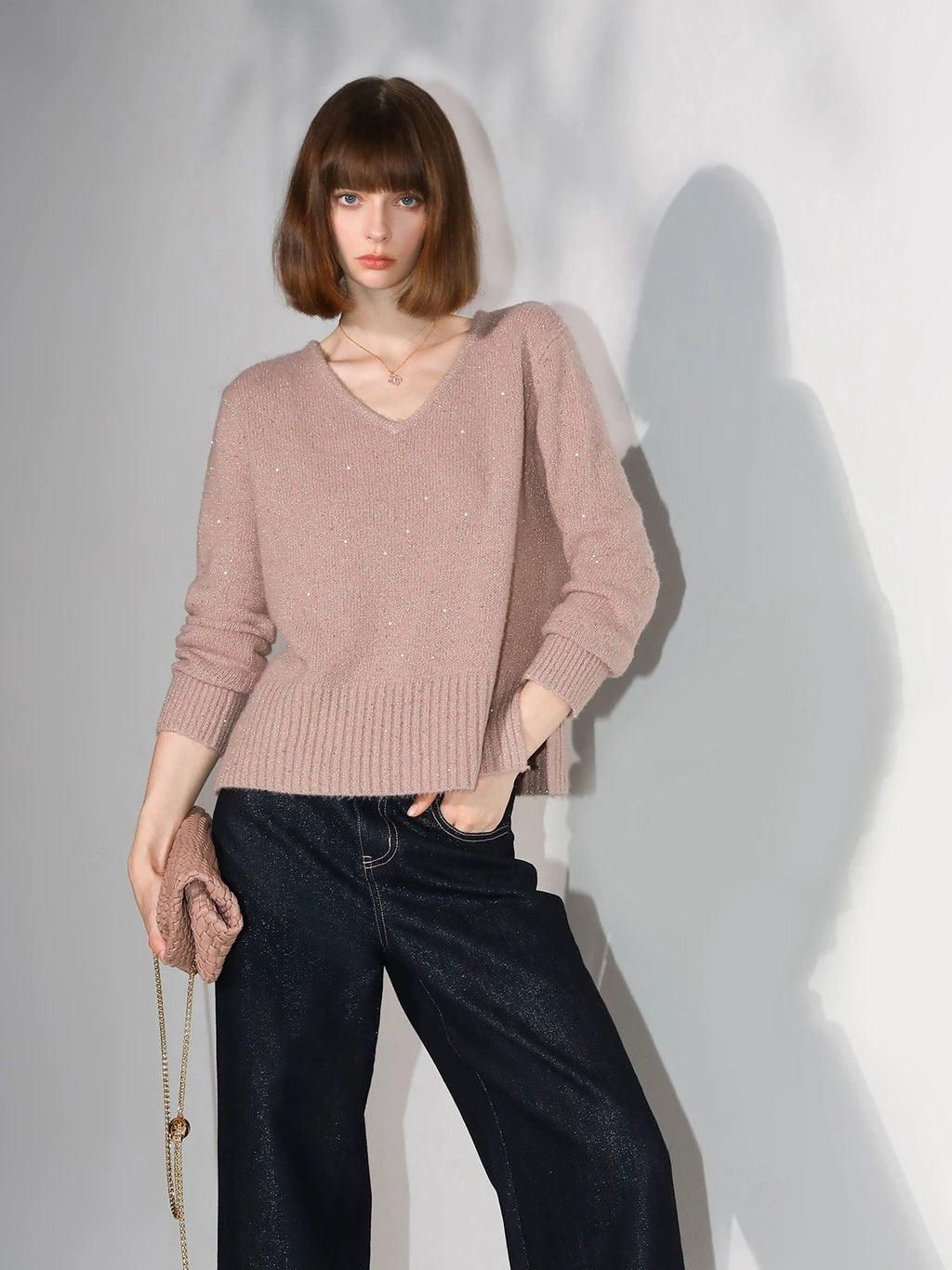 COCOBELLA Soft Sequin Lurex Straight Fit V Neck Pullover Women Knit Sweater