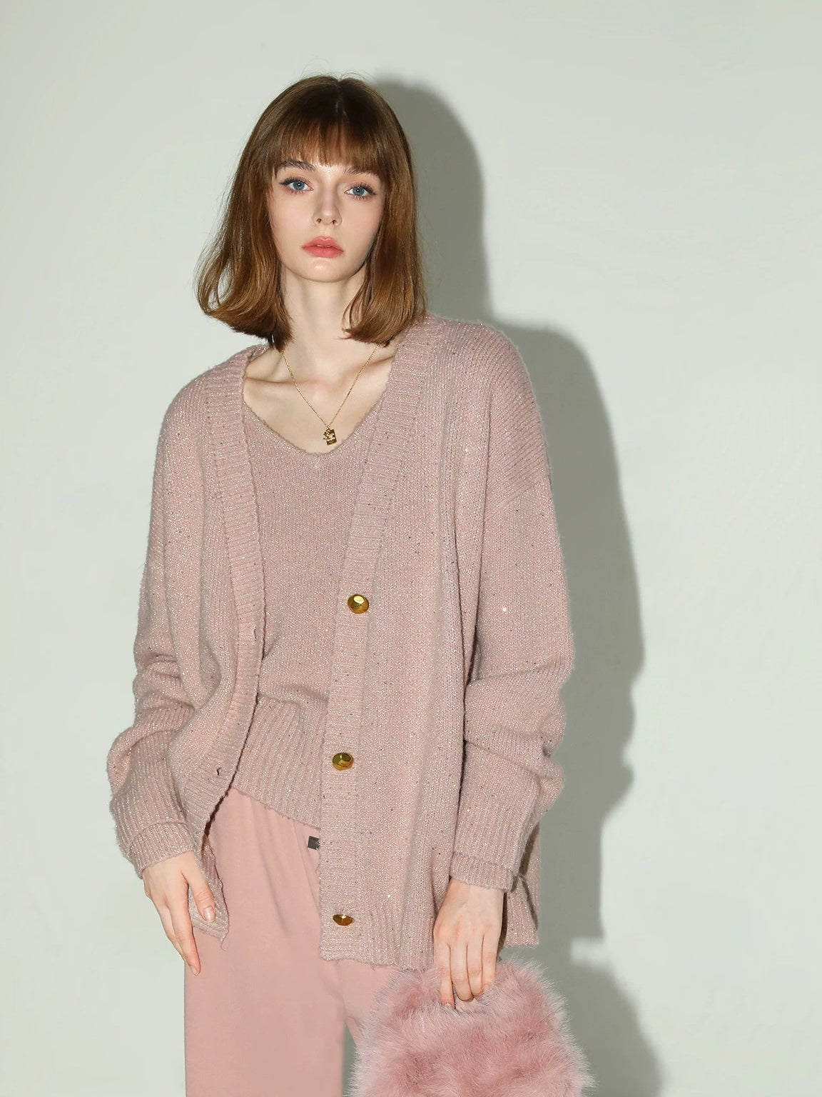 COCOBELLA Soft Sequin Lurex Straight Fit V Neck Pullover Women Knit Sweater