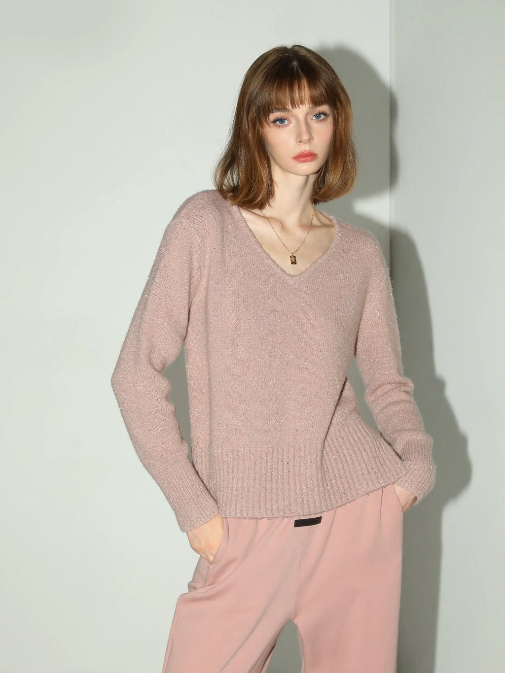 COCOBELLA Soft Sequin Lurex Straight Fit V Neck Pullover Women Knit Sweater