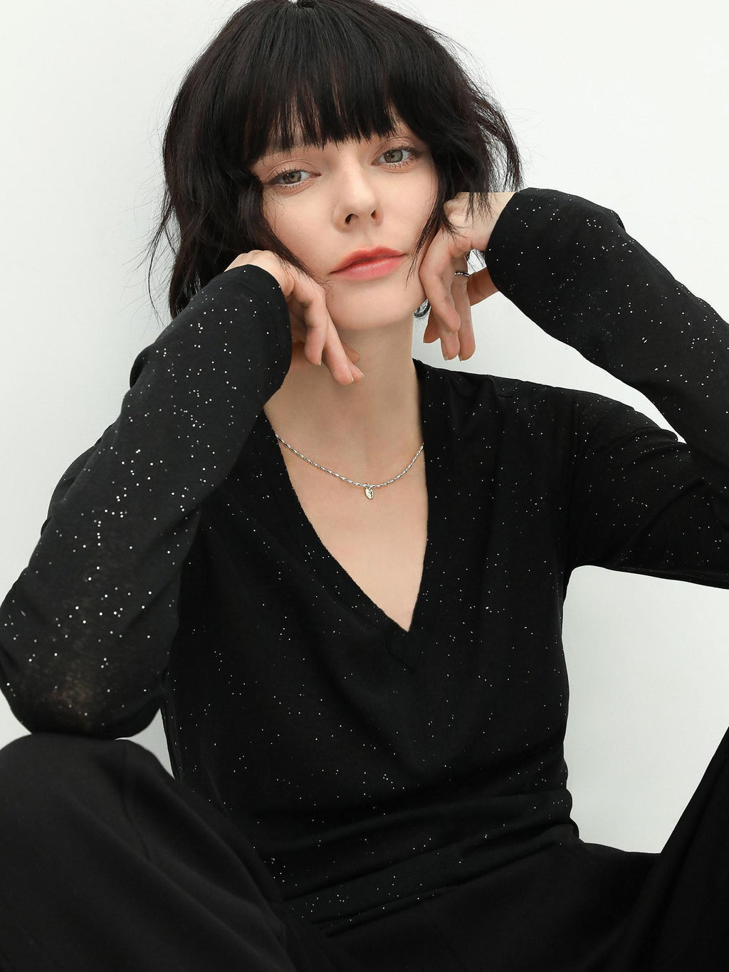 COCOBELLA Soft Sequin Minimal Commuter Loose V Neck Long Sleeve Knitted Stretch Shirts