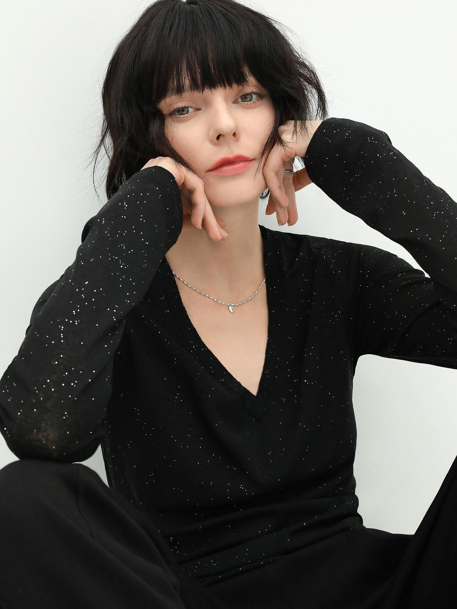 COCOBELLA Soft Sequin Minimal Commuter Loose V Neck Long Sleeve Knitted Stretch Shirts