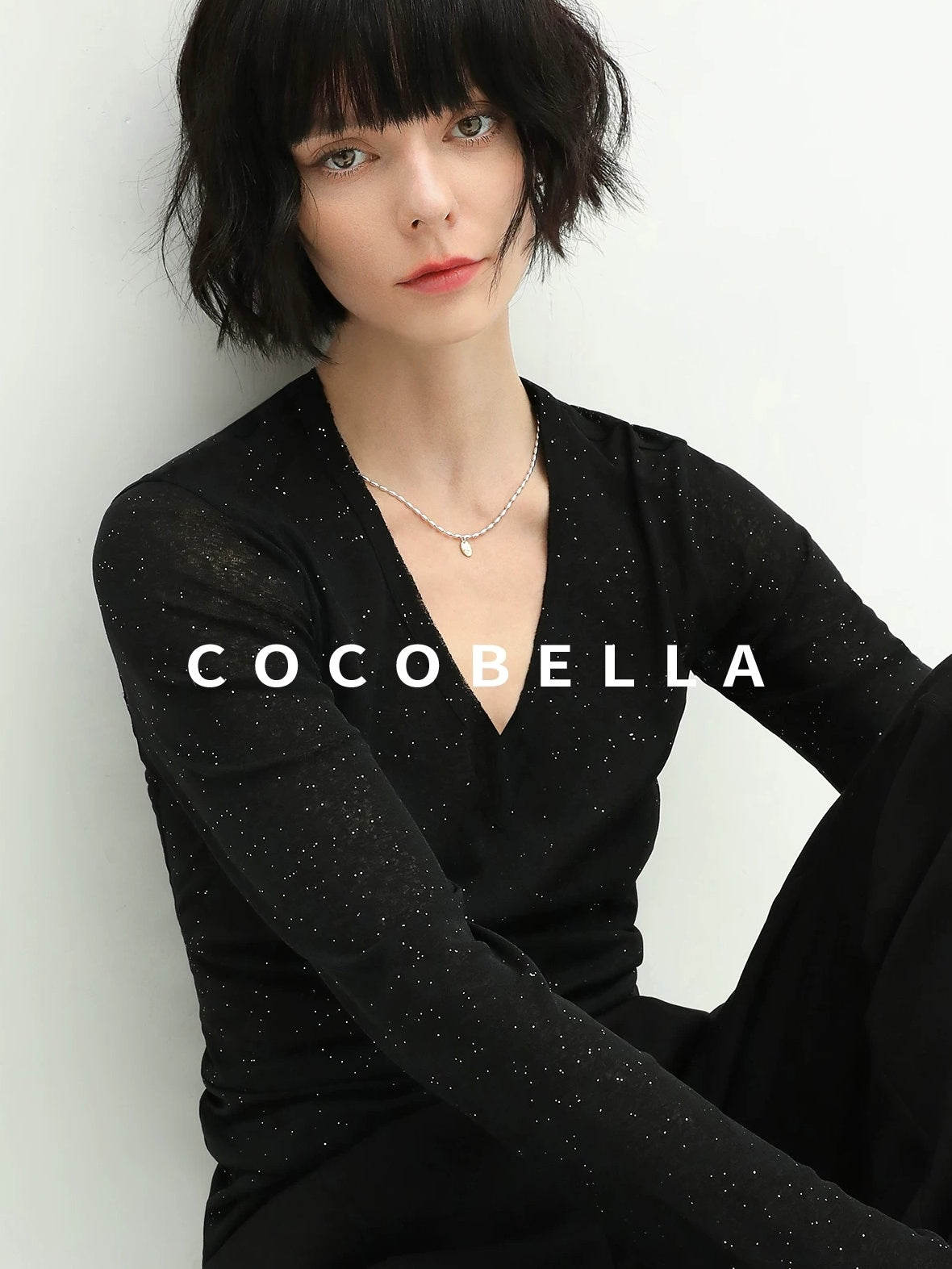 COCOBELLA Soft Sequin Minimal Commuter Loose V Neck Long Sleeve Knitted Stretch Shirts