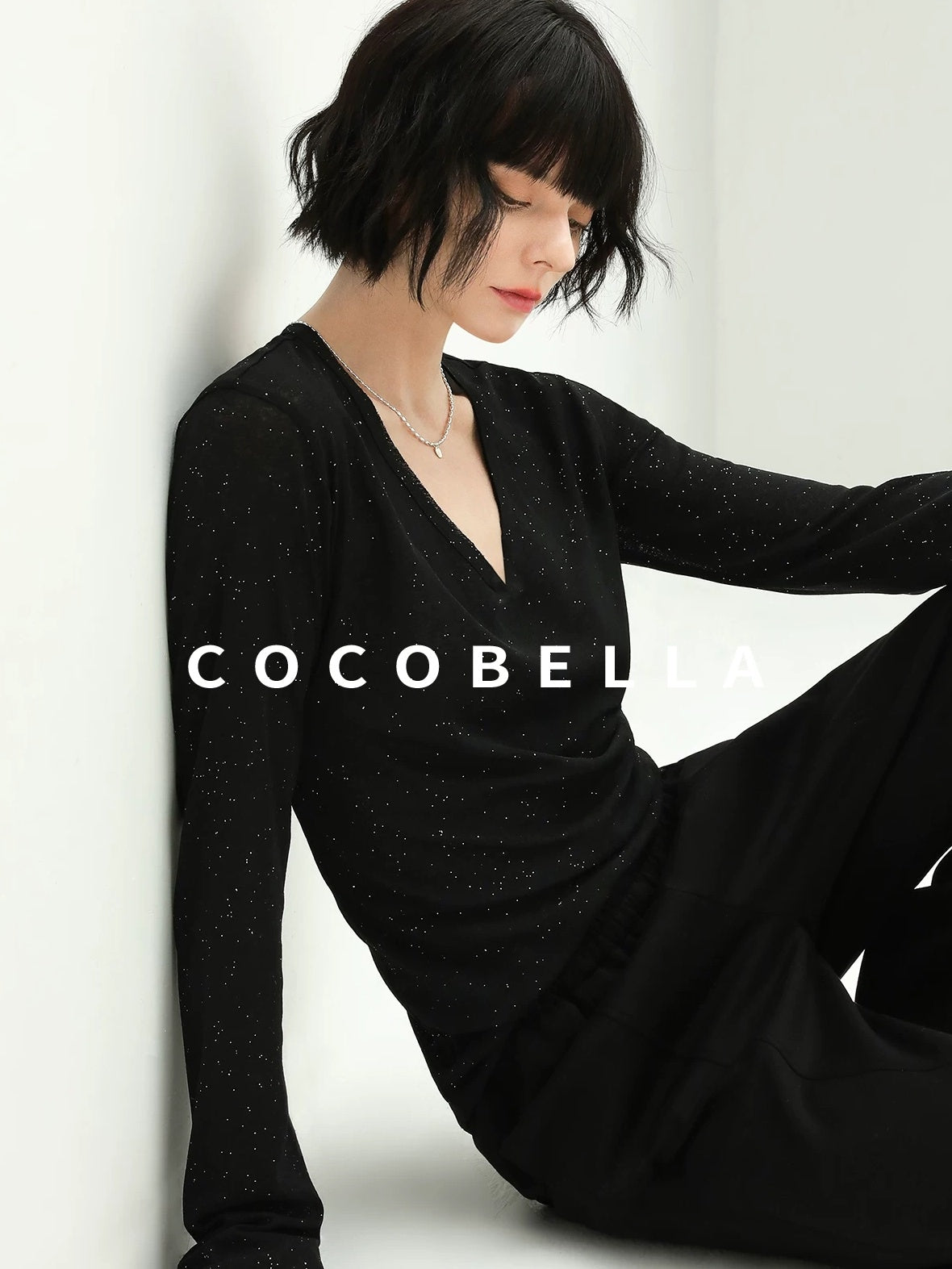 COCOBELLA Soft Sequin Minimal Commuter Loose V Neck Long Sleeve Knitted Stretch Shirts