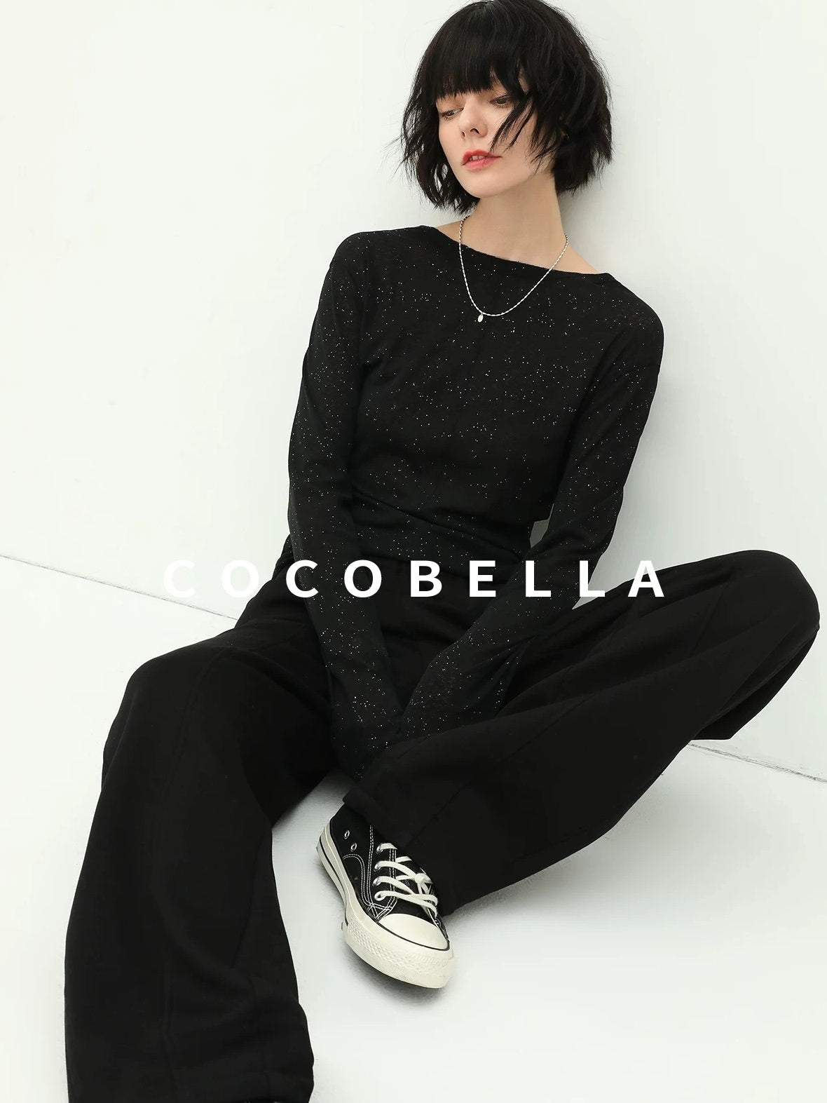 COCOBELLA Soft Sequin Minimal Commuter Loose V Neck Long Sleeve Knitted Stretch Shirts