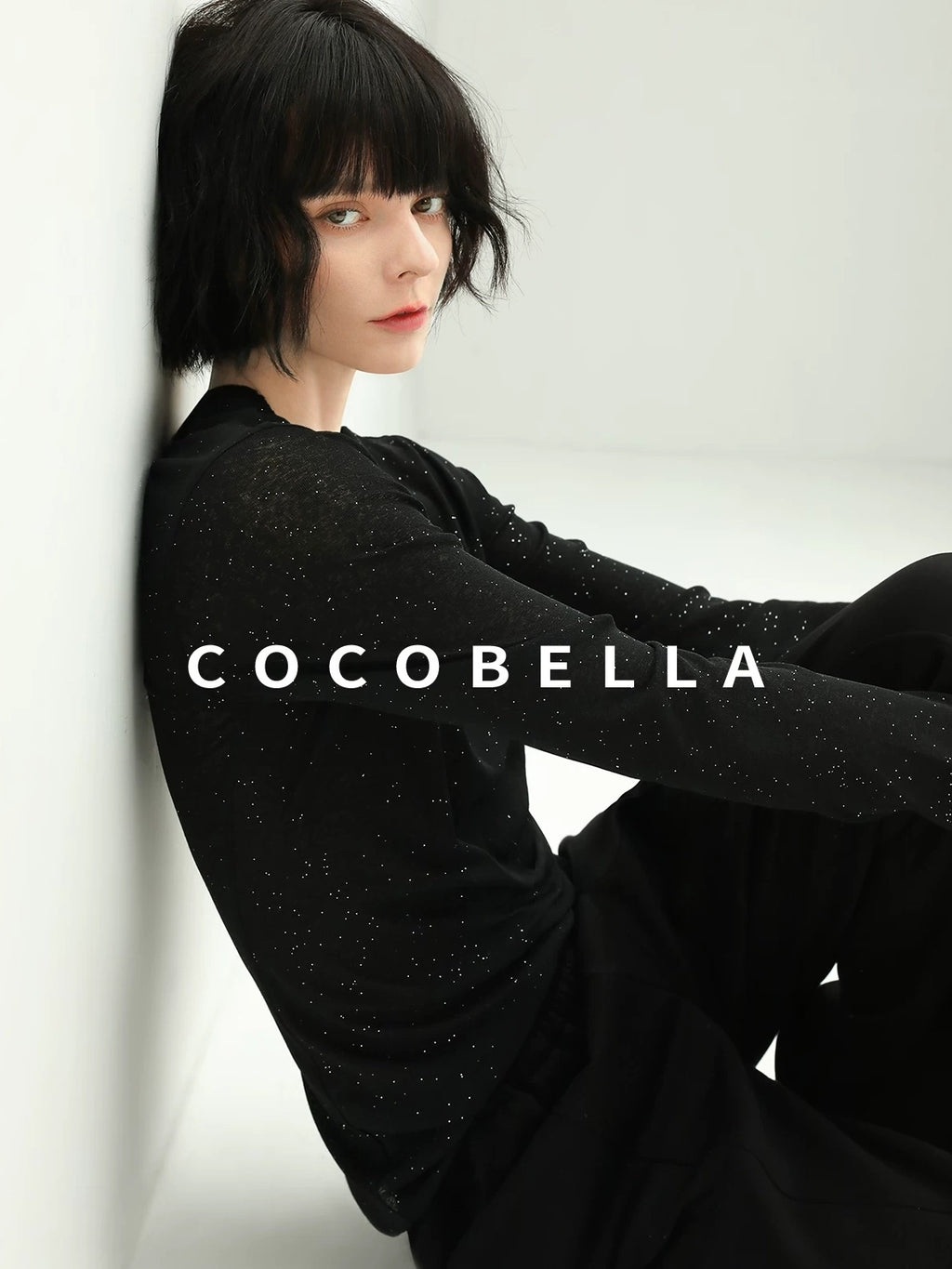 COCOBELLA Soft Sequin Minimal Commuter Loose V Neck Long Sleeve Knitted Stretch Shirts