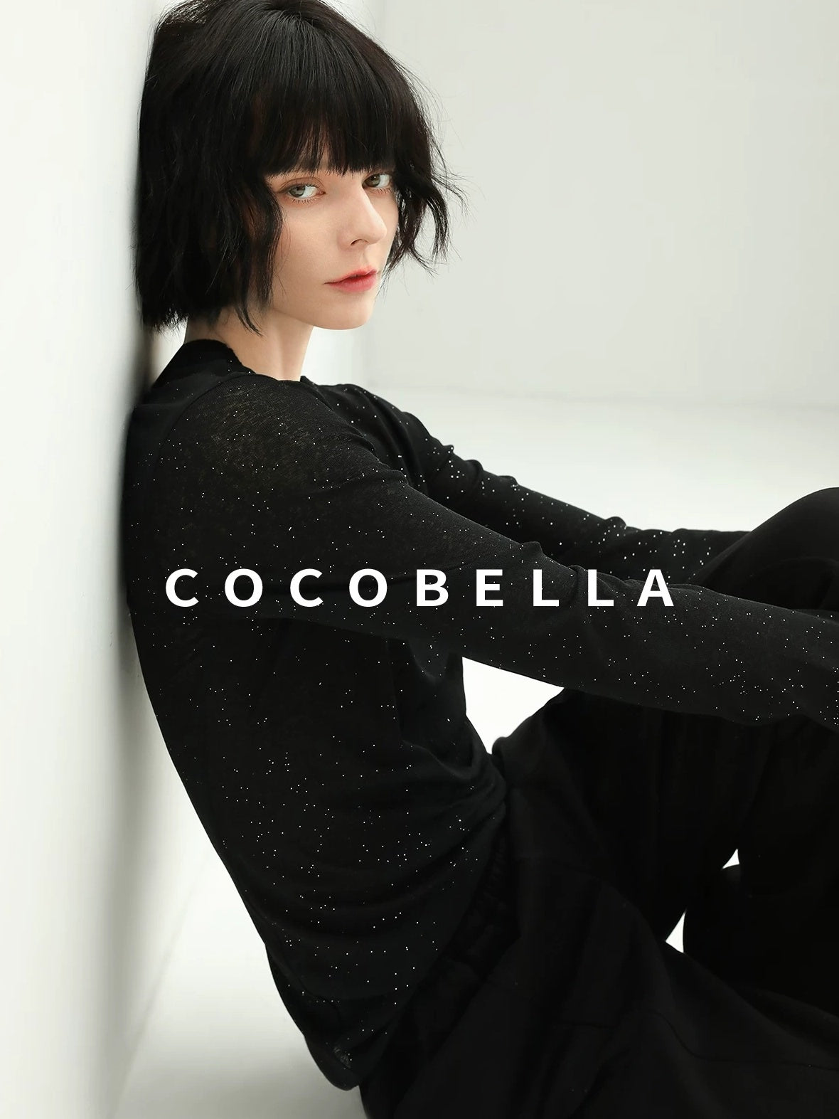 COCOBELLA Soft Sequin Minimal Commuter Loose V Neck Long Sleeve Knitted Stretch Shirts