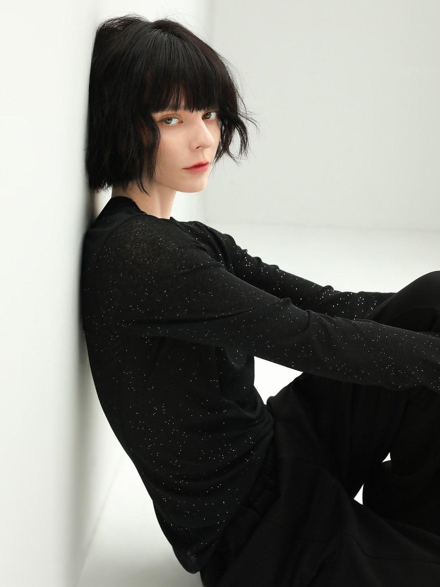 COCOBELLA Soft Sequin Minimal Commuter Loose V Neck Long Sleeve Knitted Stretch Shirts