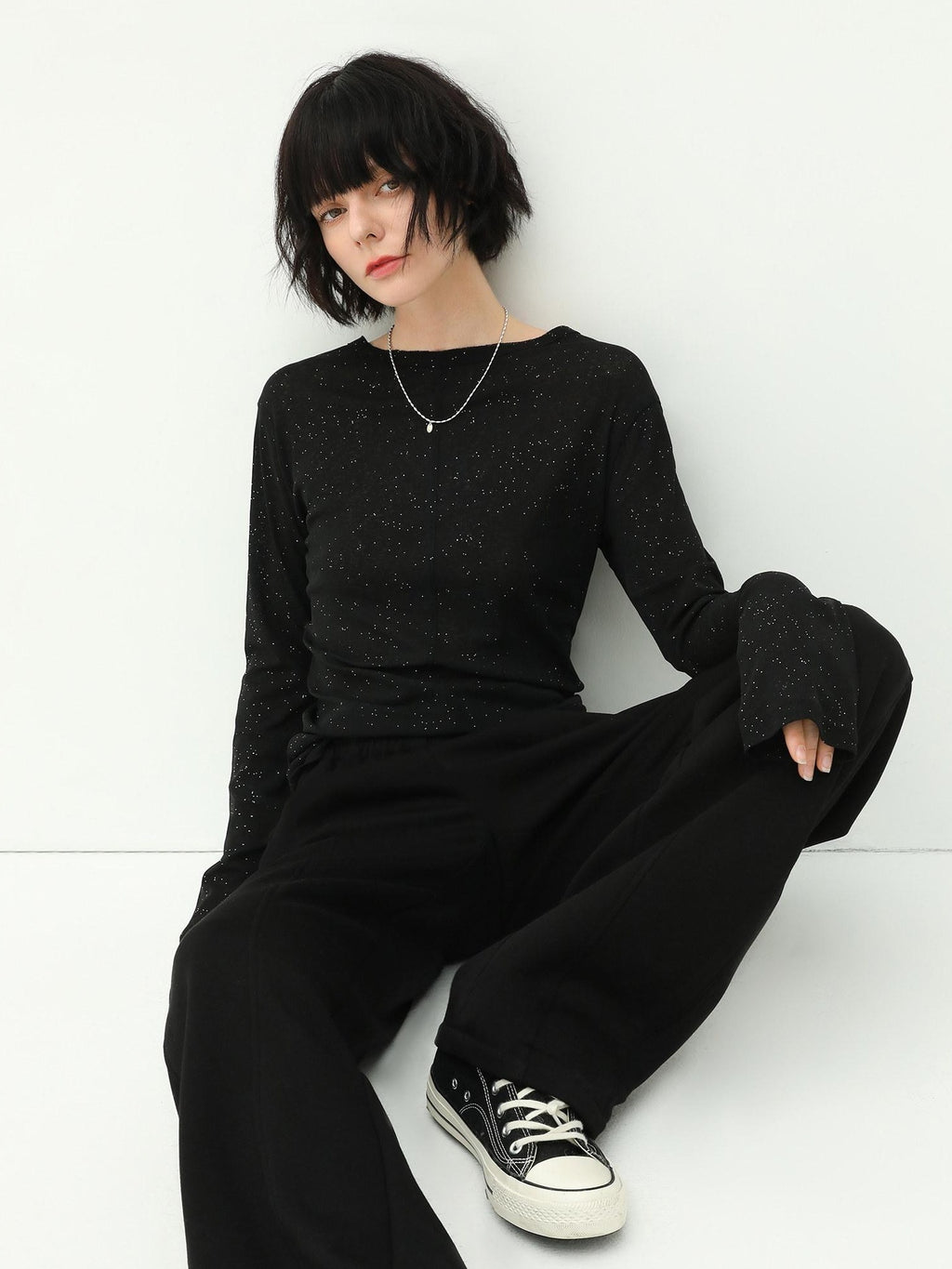 COCOBELLA Soft Sequin Minimal Commuter Loose V Neck Long Sleeve Knitted Stretch Shirts