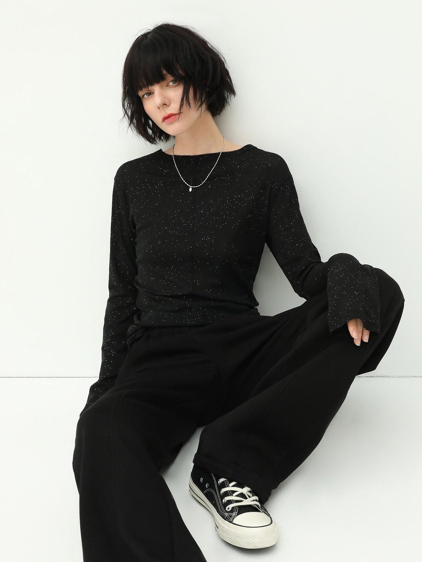 COCOBELLA Soft Sequin Minimal Commuter Loose V Neck Long Sleeve Knitted Stretch Shirts