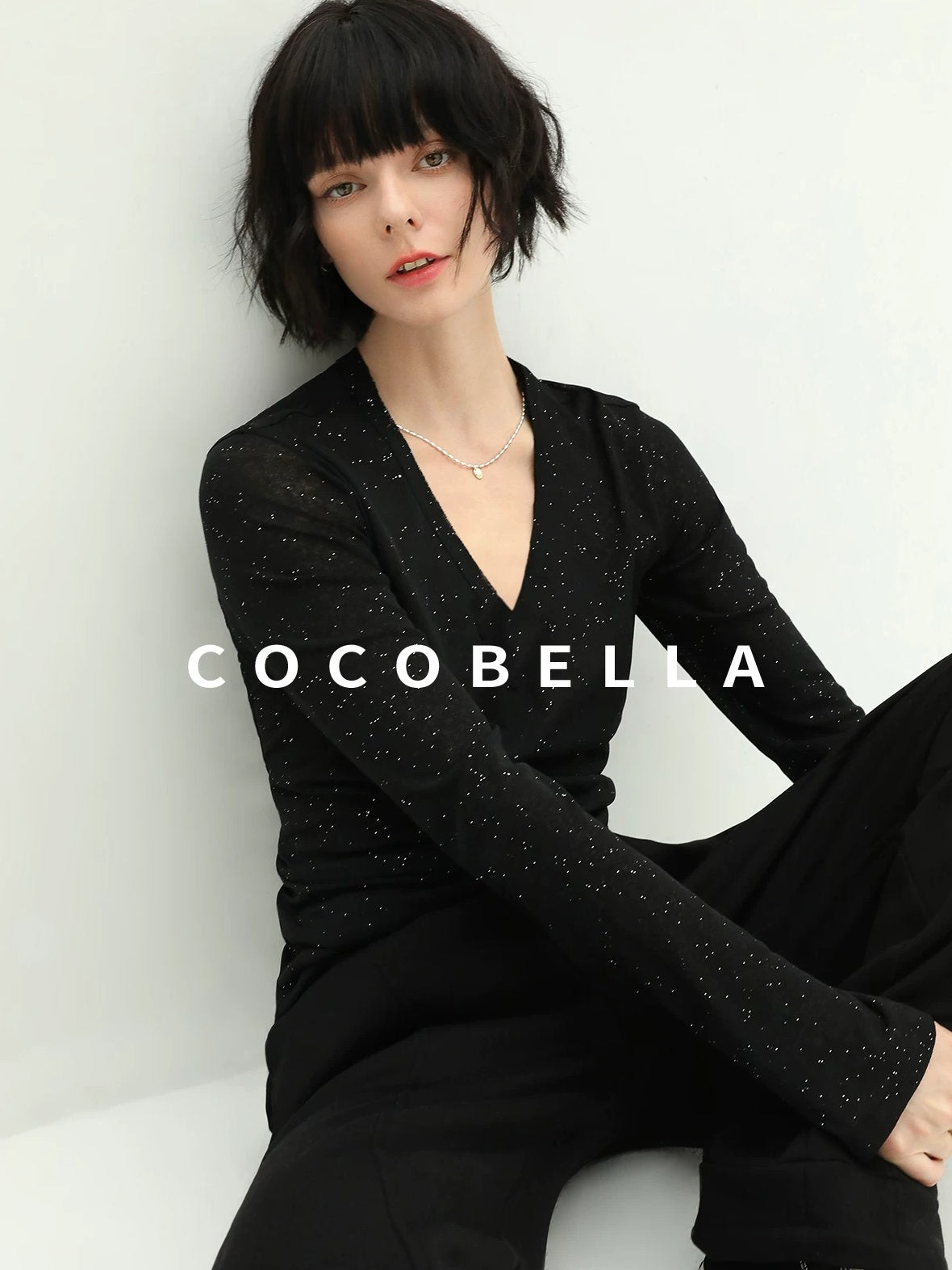 COCOBELLA Soft Sequin Minimal Commuter Loose V Neck Long Sleeve Knitted Stretch Shirts