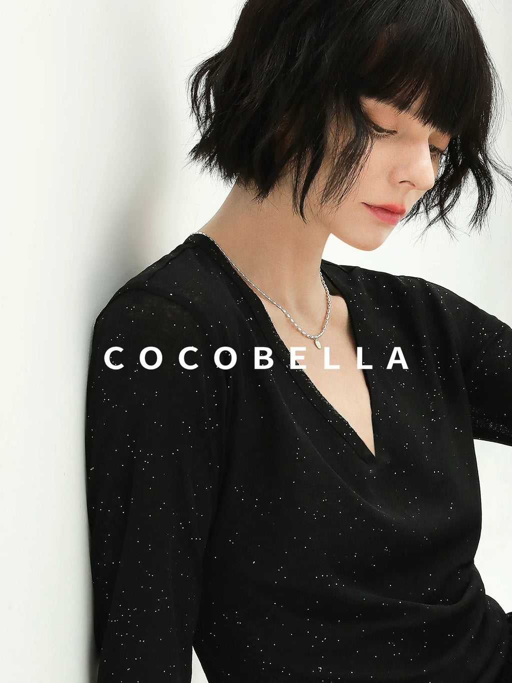 COCOBELLA Soft Sequin Minimal Commuter Loose V Neck Long Sleeve Knitted Stretch Shirts