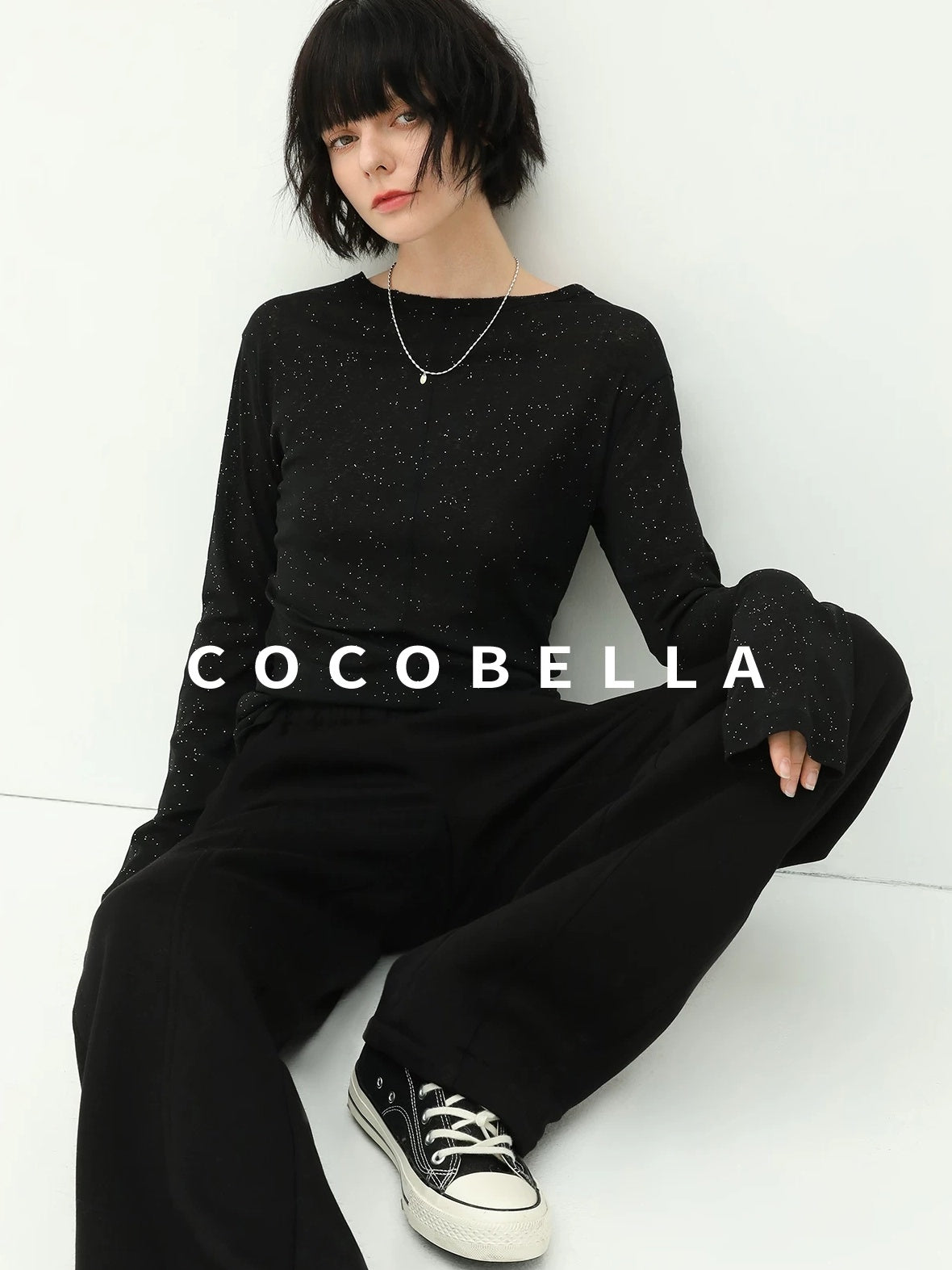 COCOBELLA Soft Sequin Minimal Commuter Loose V Neck Long Sleeve Knitted Stretch Shirts