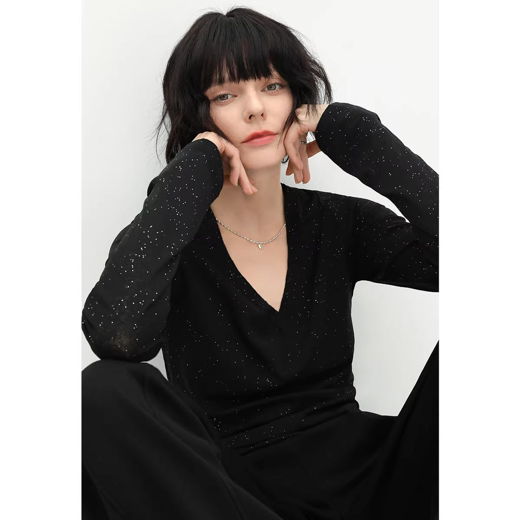 COCOBELLA_Soft_Sequin_Minimalist_Loose_Fit_Women_Office_V_Neck_Long_Sleeve_Black_T-Shirts_MISSTT