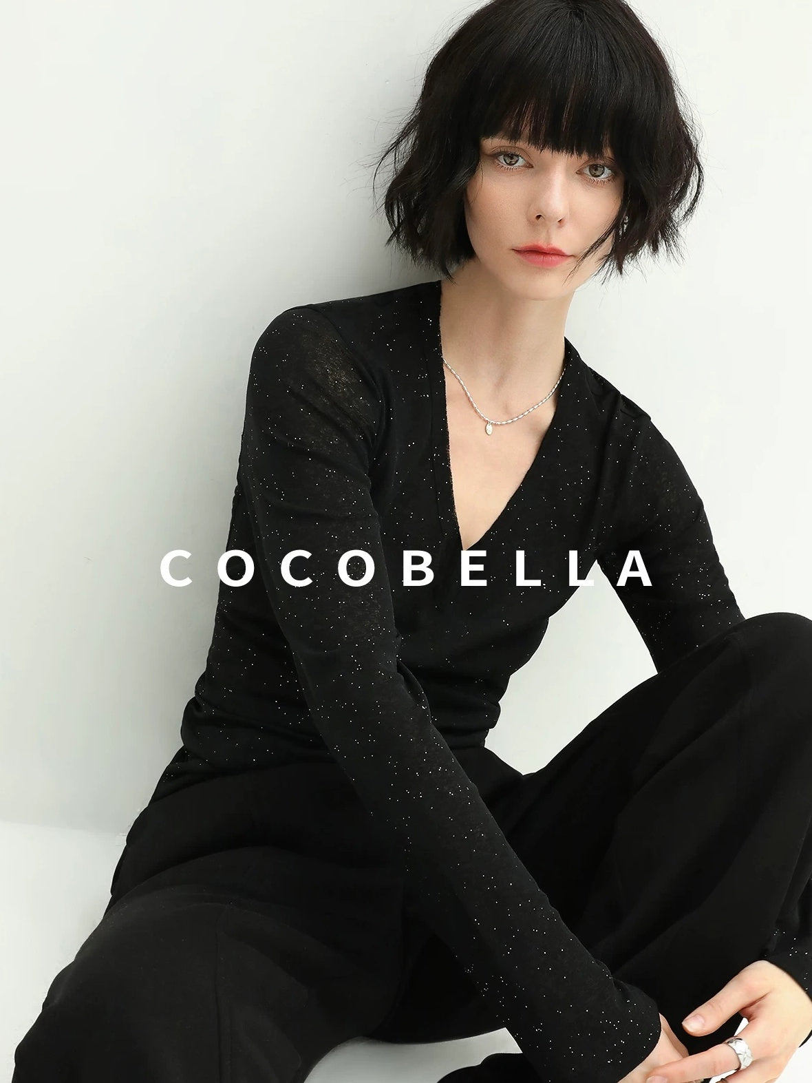 COCOBELLA Soft Sequin Minimalist Loose Fit Women Office V Neck Long Sleeve Black T-Shirts