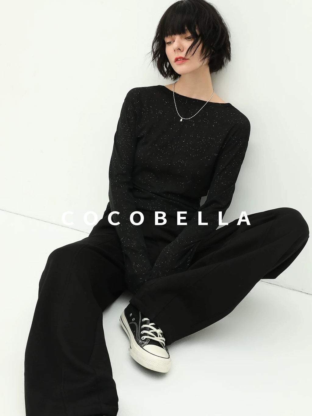 COCOBELLA Soft Sequin Minimalist Loose Fit Women Office V Neck Long Sleeve Black T-Shirts