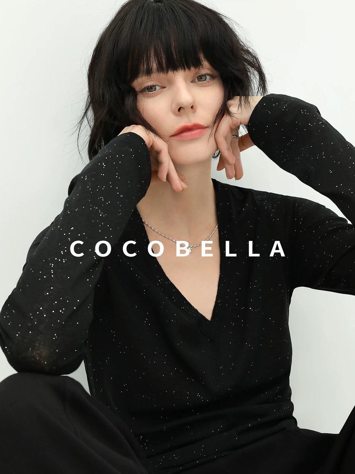 COCOBELLA Soft Sequin Minimalist Loose Fit Women Office V Neck Long Sleeve Black T-Shirts