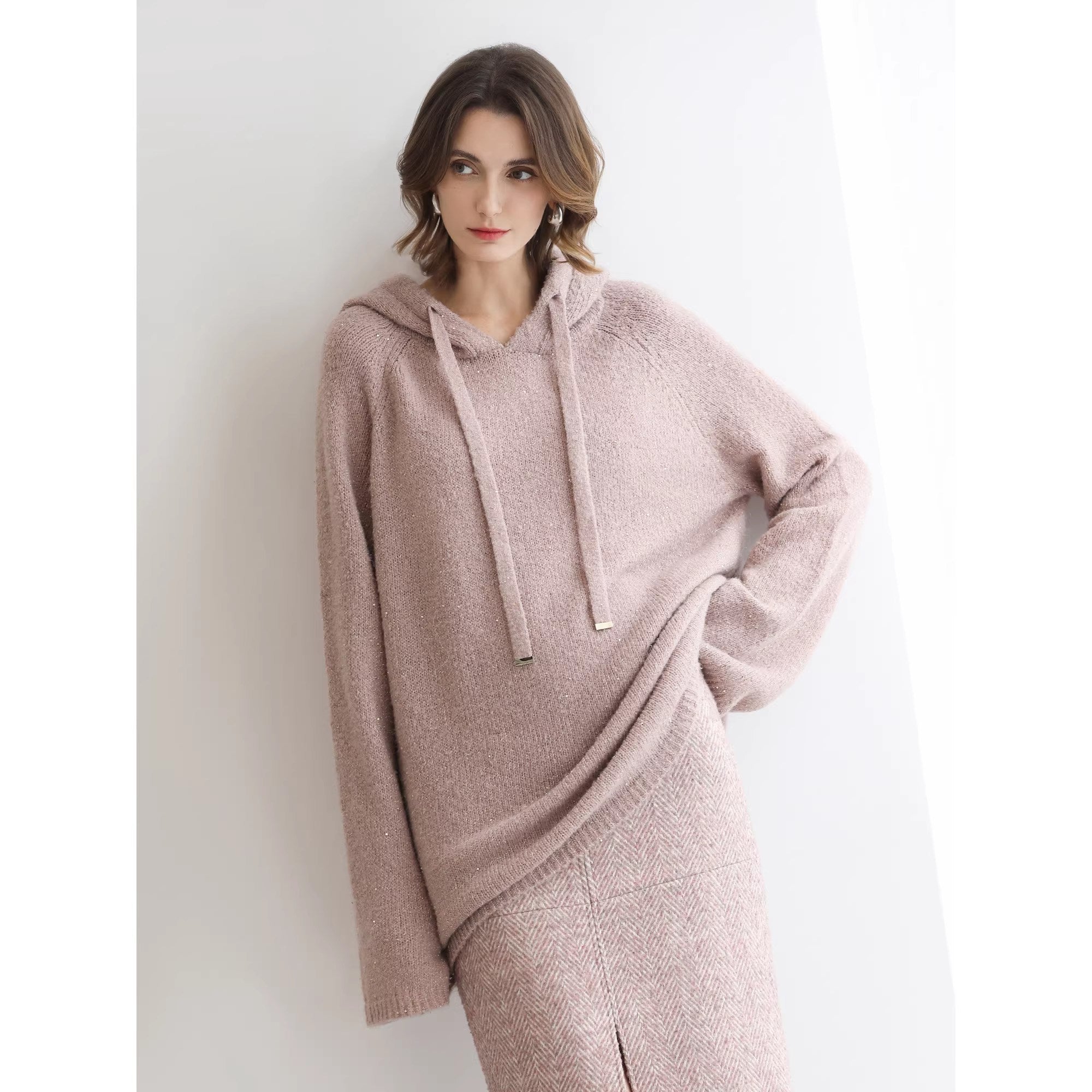 COCOBELLA_Soft_Sequin_Shimmer_Casual_Loose_Knit_Hooded_Women_Honey_Pink_Pullover_Sweater_MISSTT