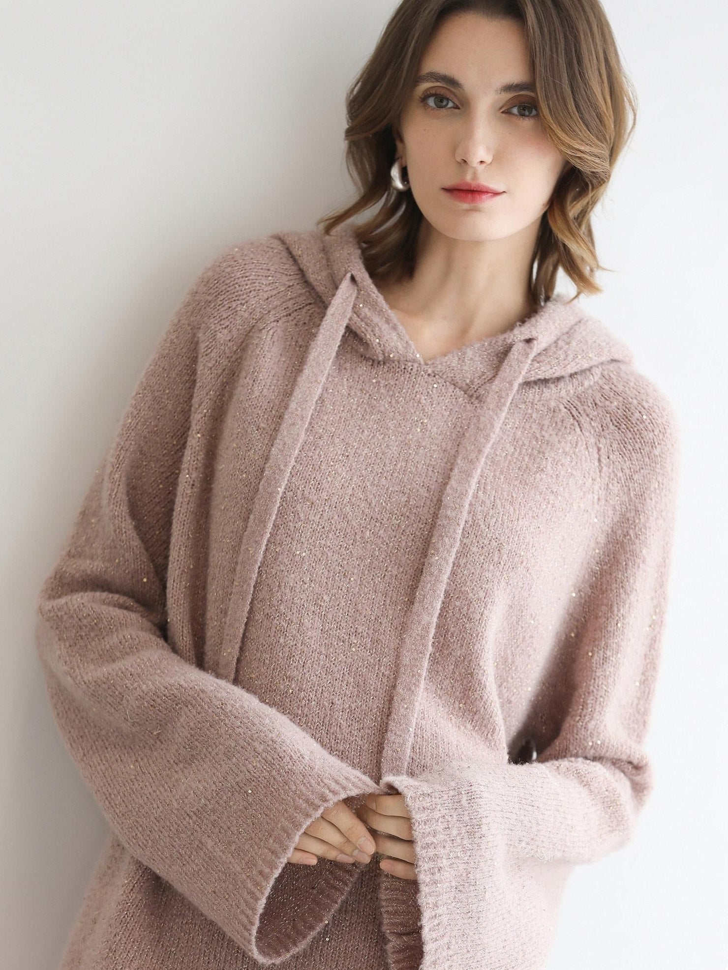 COCOBELLA Soft Sequin Shimmer Casual Loose Knit Hooded Women Honey Pink Pullover Sweater