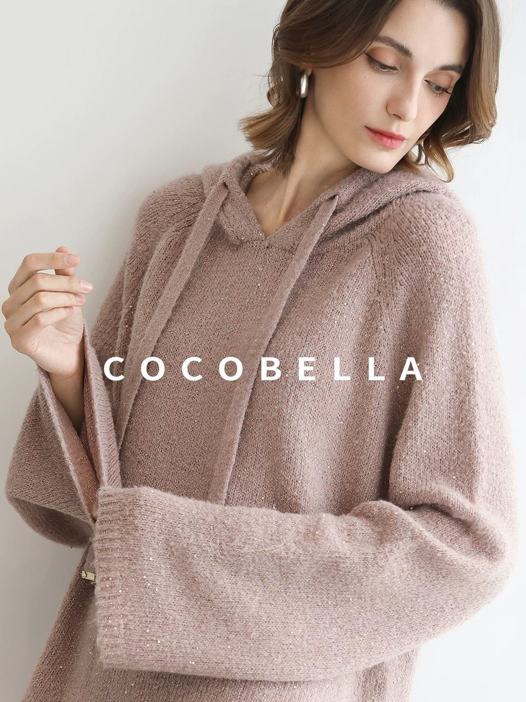 COCOBELLA Soft Sequin Shimmer Casual Loose Knit Hooded Women Honey Pink Pullover Sweater