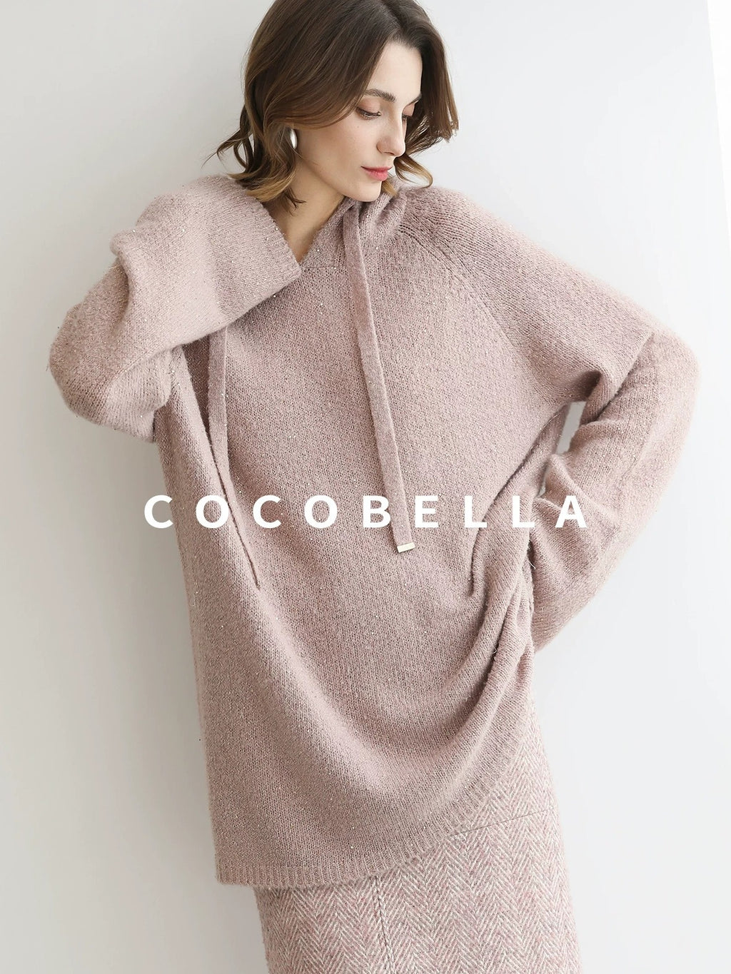 COCOBELLA Soft Sequin Shimmer Casual Loose Knit Hooded Women Honey Pink Pullover Sweater