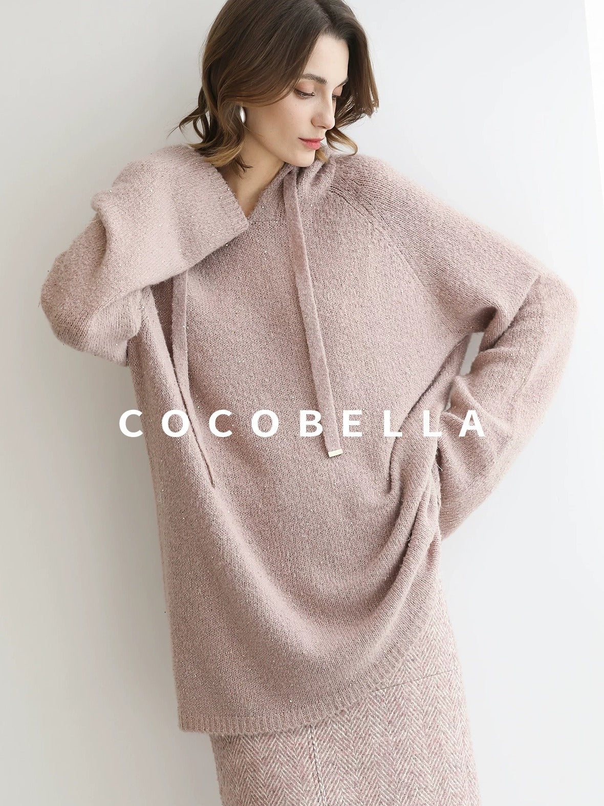 COCOBELLA Soft Sequin Shimmer Casual Loose Knit Hooded Women Honey Pink Pullover Sweater