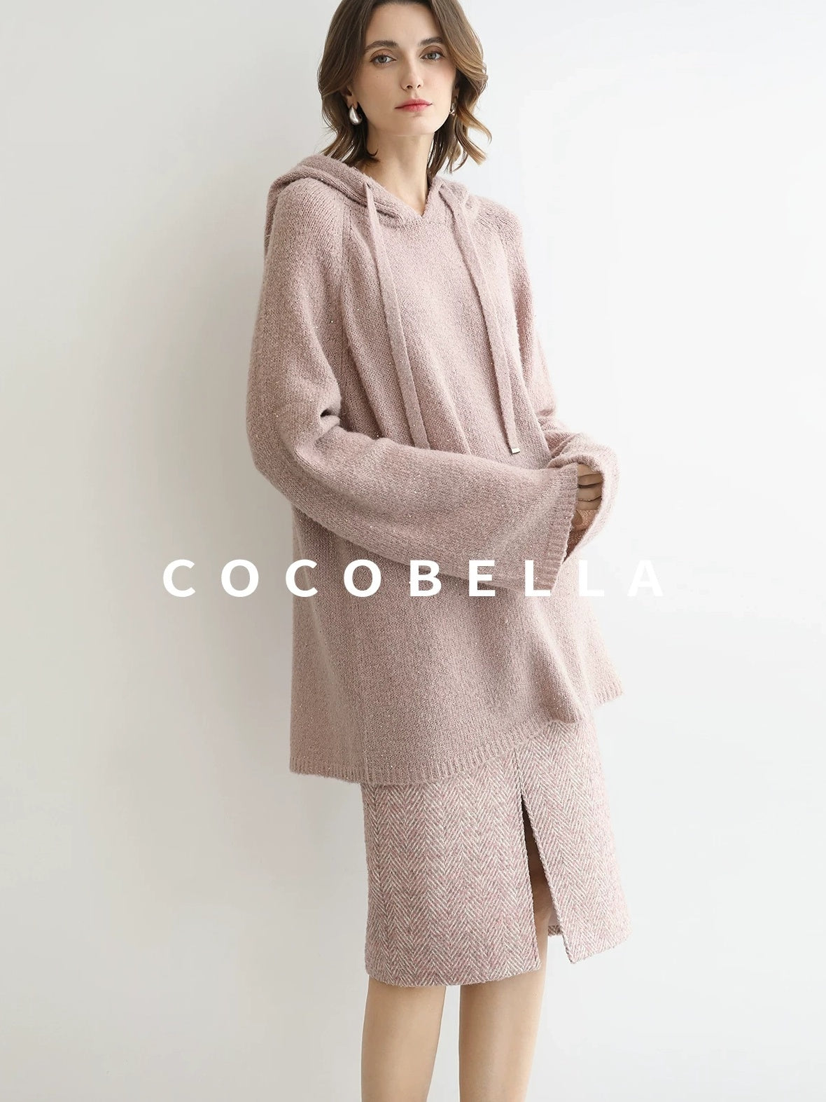 COCOBELLA Soft Sequin Shimmer Casual Loose Knit Hooded Women Honey Pink Pullover Sweater