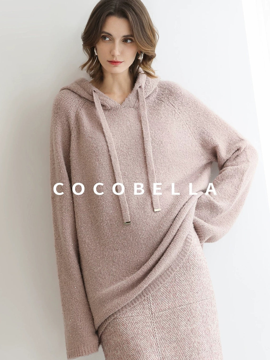 COCOBELLA Soft Sequin Shimmer Casual Loose Knit Hooded Women Honey Pink Pullover Sweater