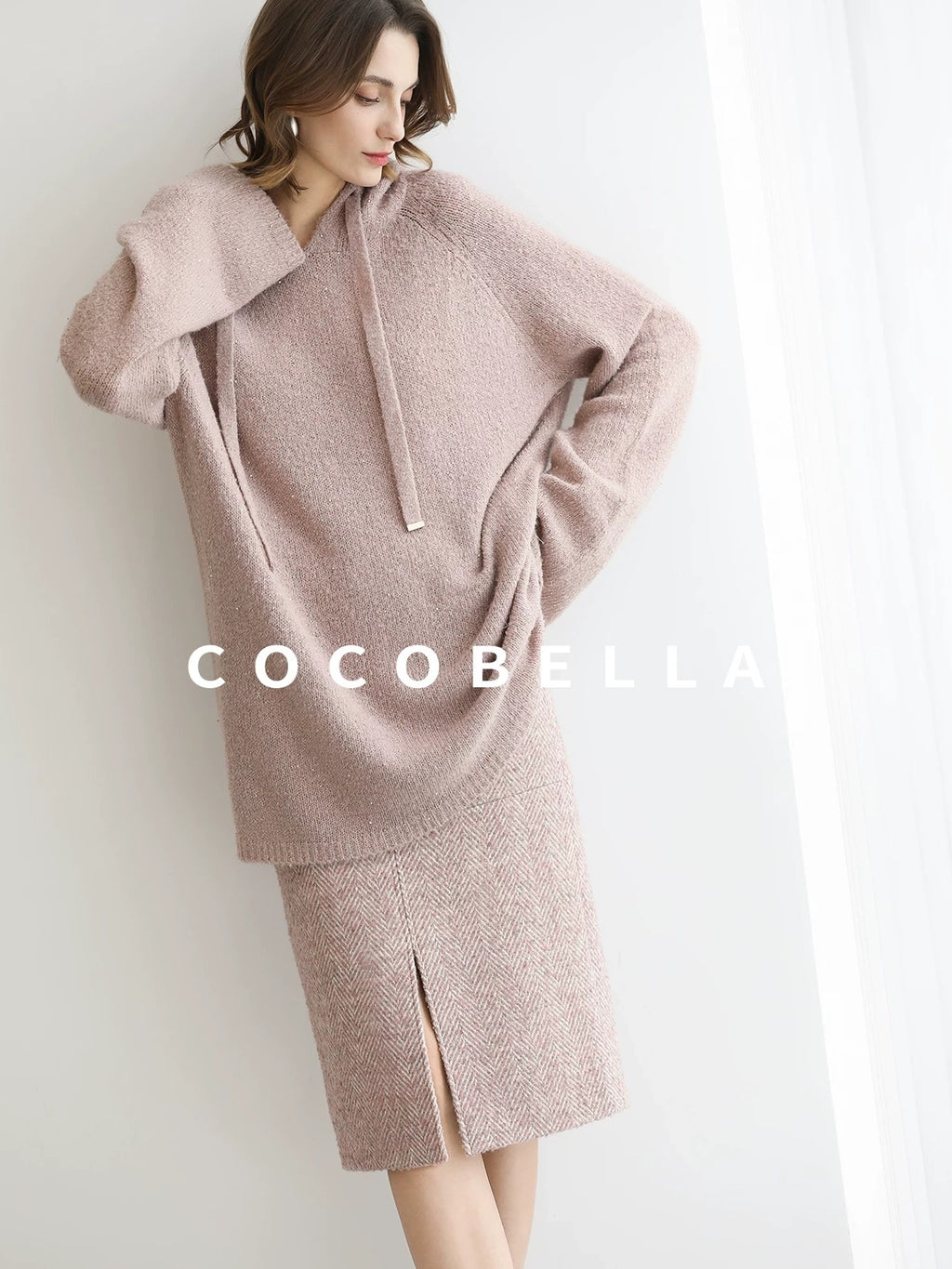 COCOBELLA Soft Sequin Shimmer Casual Loose Knit Hooded Women Honey Pink Pullover Sweater